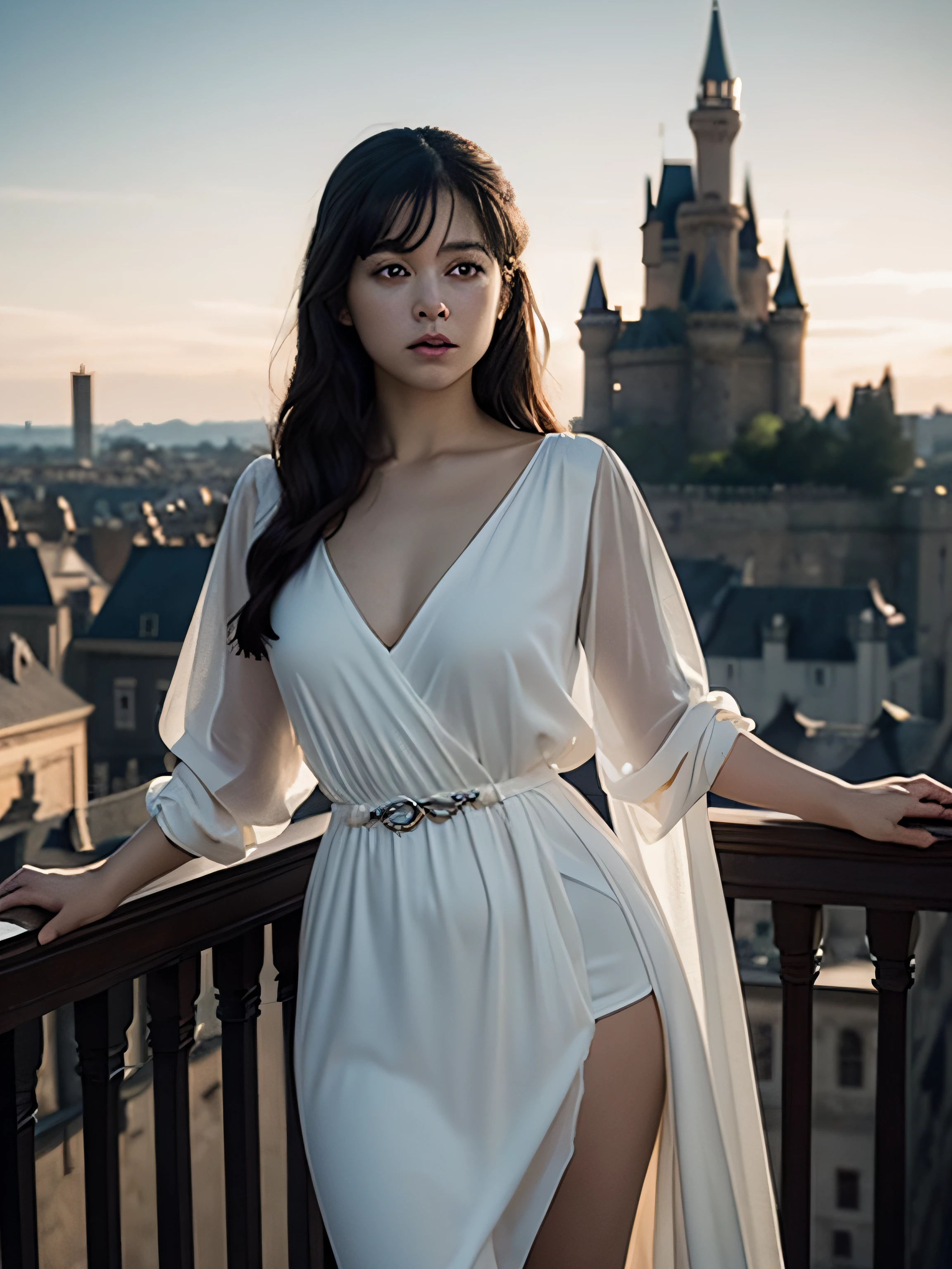 Oil painting of (sima_Emily Acclerk), (Long hair:1.1), (Standing on Balcony), (White tunic:1.1), perfect thighs, (Game of Thrones Castle in the background:1.2), Atmospheric lighting, Cinematic composition, Concept art, Digital Illustration, Detailed, Brian M. Vivelos、by maciej kuciara、Art by Mark Keithley, Natural light, 4K, high-detail, ((Perfect eyes)), (Detailed pupils), The dim, (Black hair:1.3)