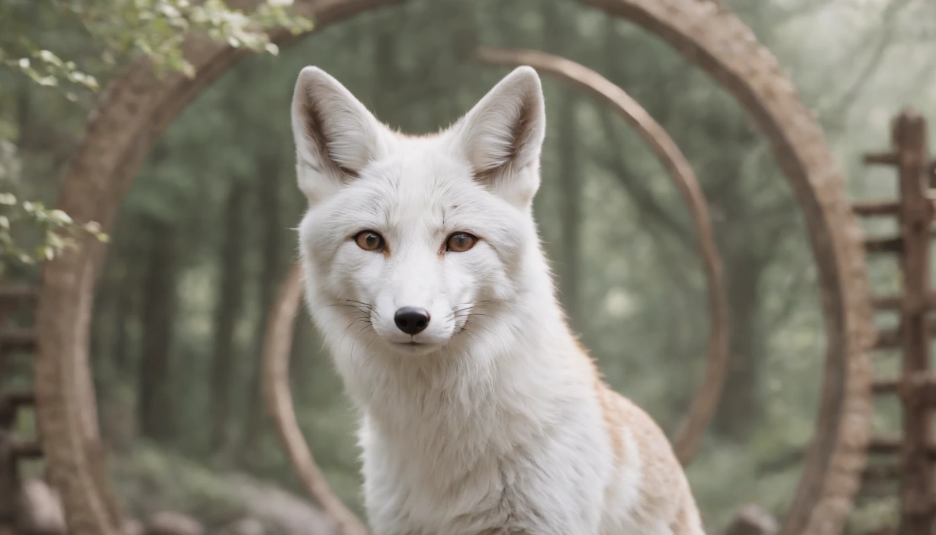 a [white fox] walking through a portal | in the style of zen buddhism influence and post-apocalyptic landscapes | spring season | portrait paintings; mote kei; iconic; realistic portrayal