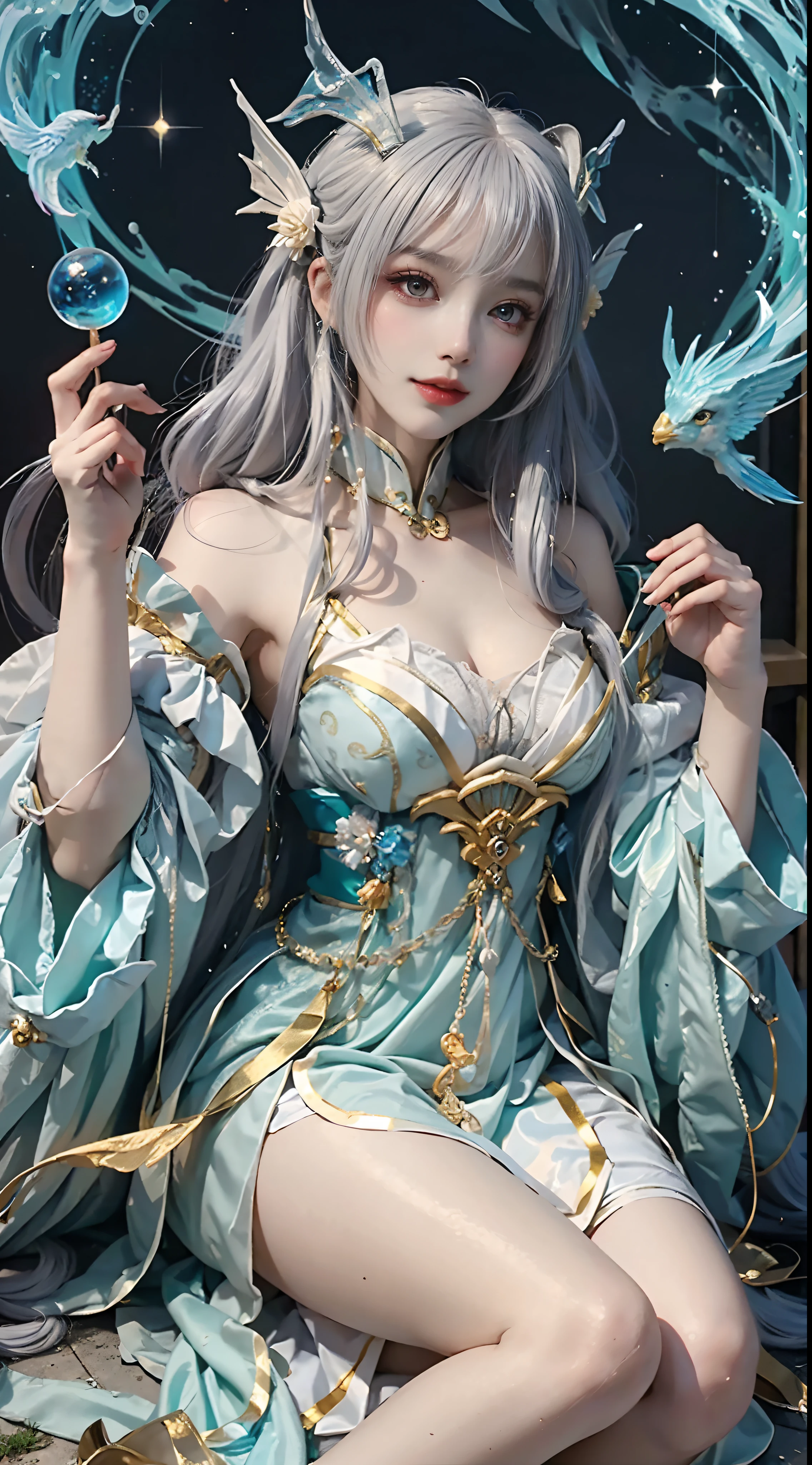 Close-up of a woman in costume on stage, Whole body xylose, Beautiful celestial mage, a stunning young ethereal figure, beautiful fantasy empress, astral witch clothes, shaxi, flowing magical robe, Hanfu Blanco, xianxia fantasy, belle delphine, Ethereal fantasy, elegant glamourous cosplay,((Lie flat on the ground))，((Top-down view)