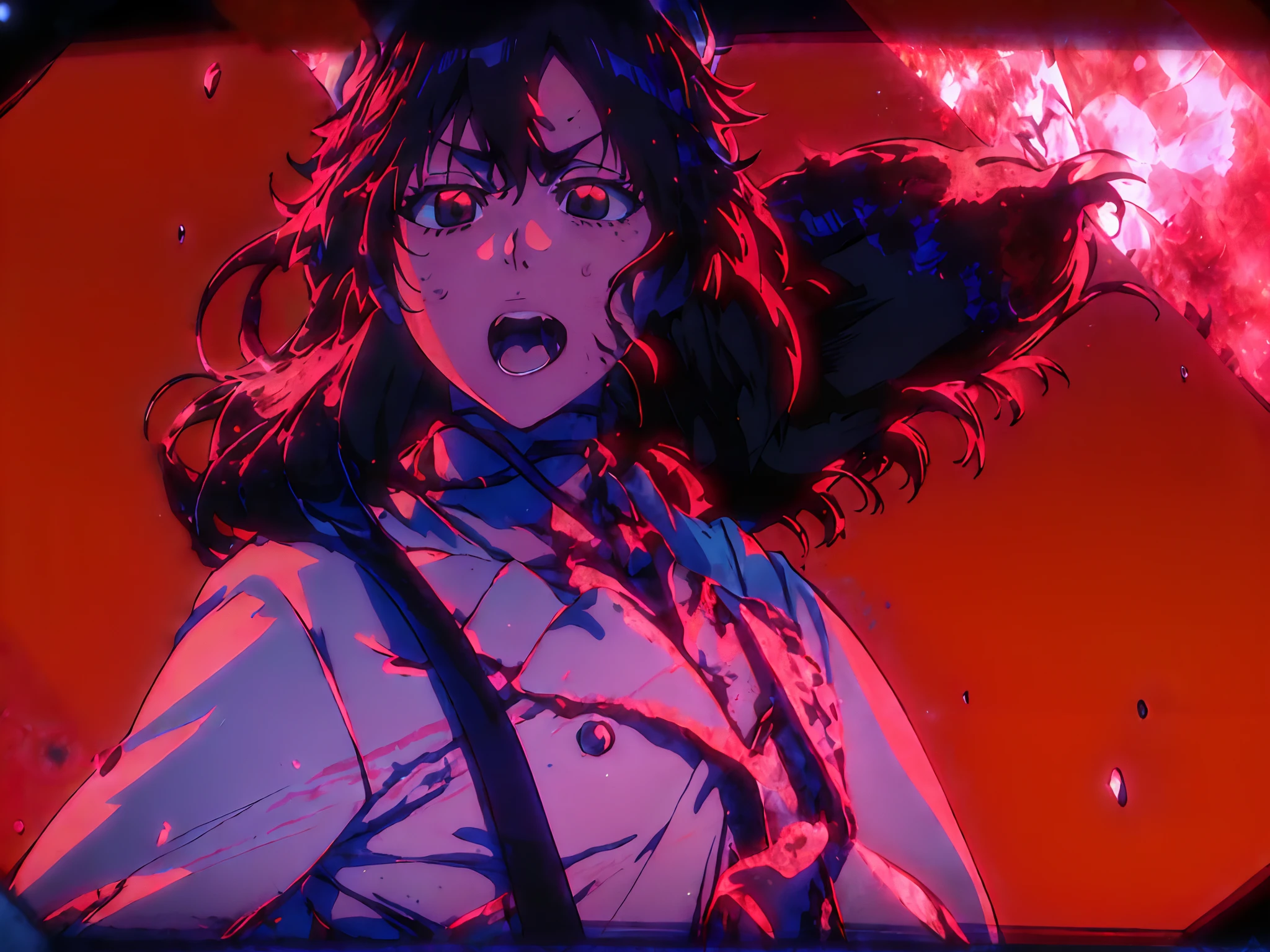masterpiece, zombie Bambietta from bleach, big boobs, best quality, 1 girl, supine, lying face down on the floor, pale skin, messy hair, blue eyes, glowing eyes, creepy, creepy smile, crazy expression, blood on face, blood on clothes, naked, creepy, scary, blood, horror, light particles, night, iron bracelets with chains, light grey skin, five fingers, crying,