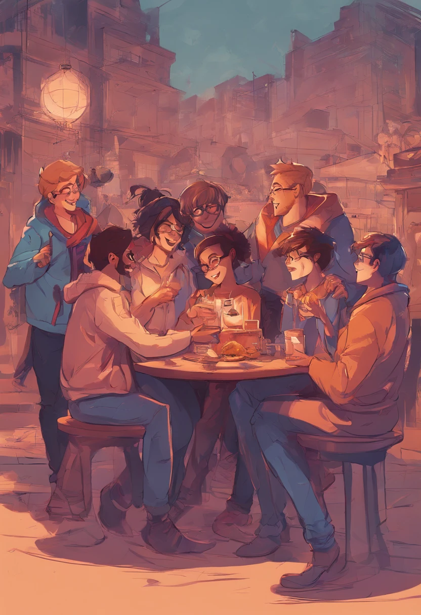 Create a scene where a group of friends are hugging each other warmly, Everyone wearing glasses and expressing happiness.