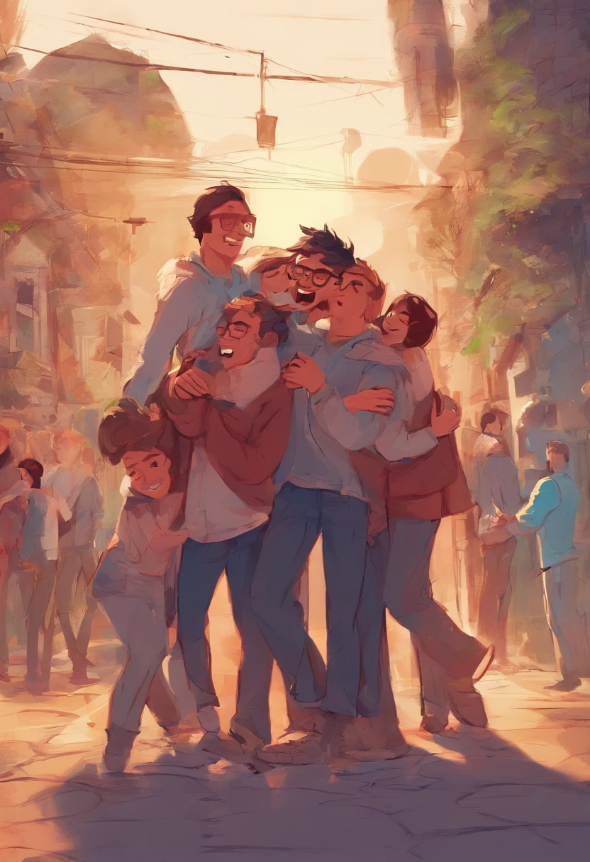 Create a scene where a group of friends are hugging each other warmly, Everyone wearing glasses and expressing happiness.
