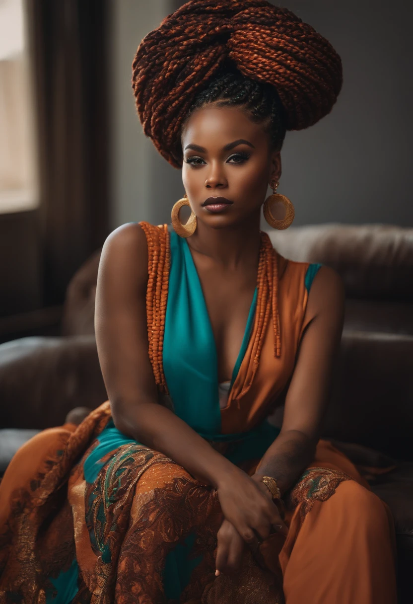 Black girl, box braids, bun whith over dresed