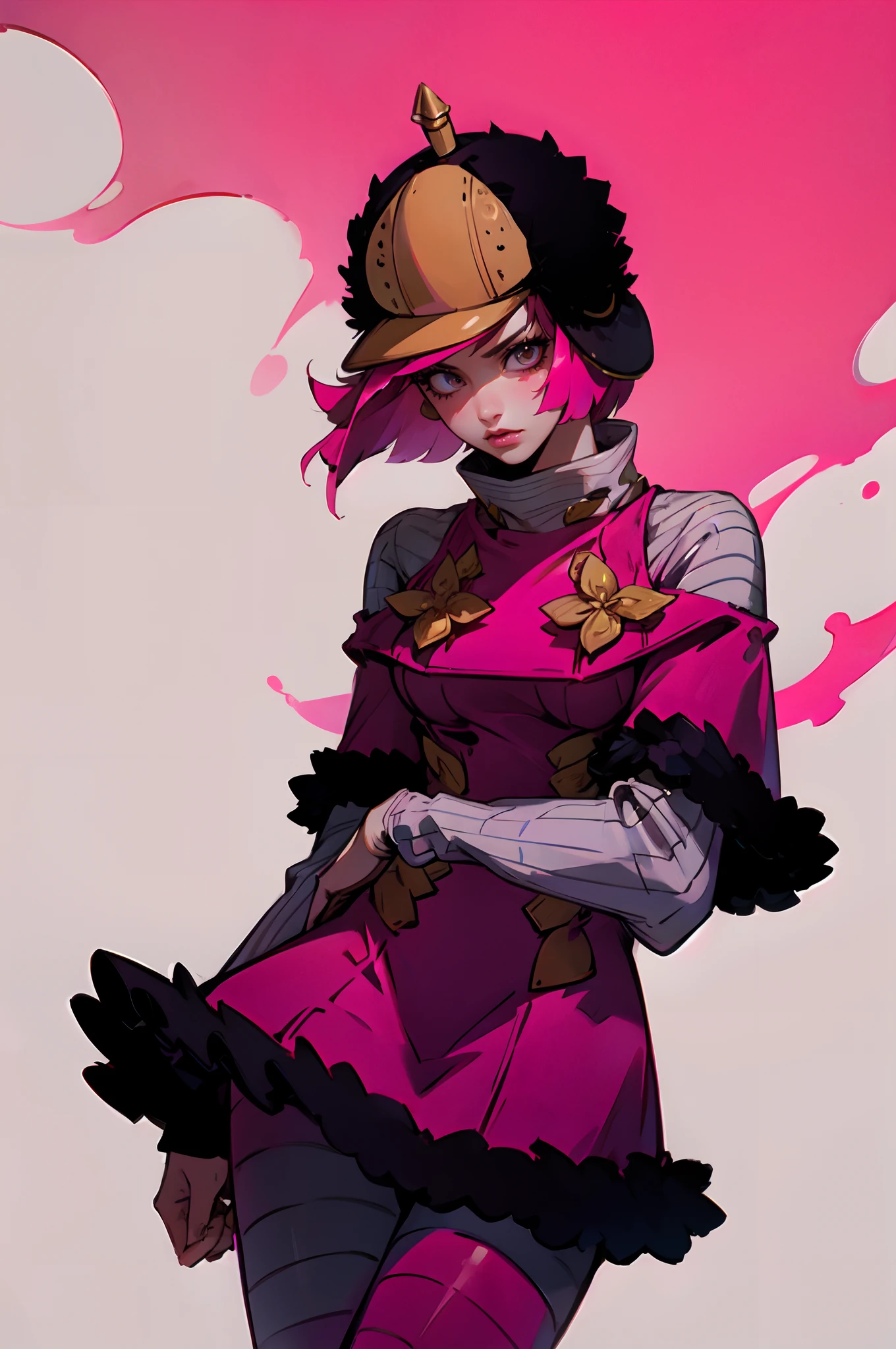 Hot Pants, 1girl, solo, hat, pink hair, pink dress, black frills, striped sleeves, striped pants, cowboy shot