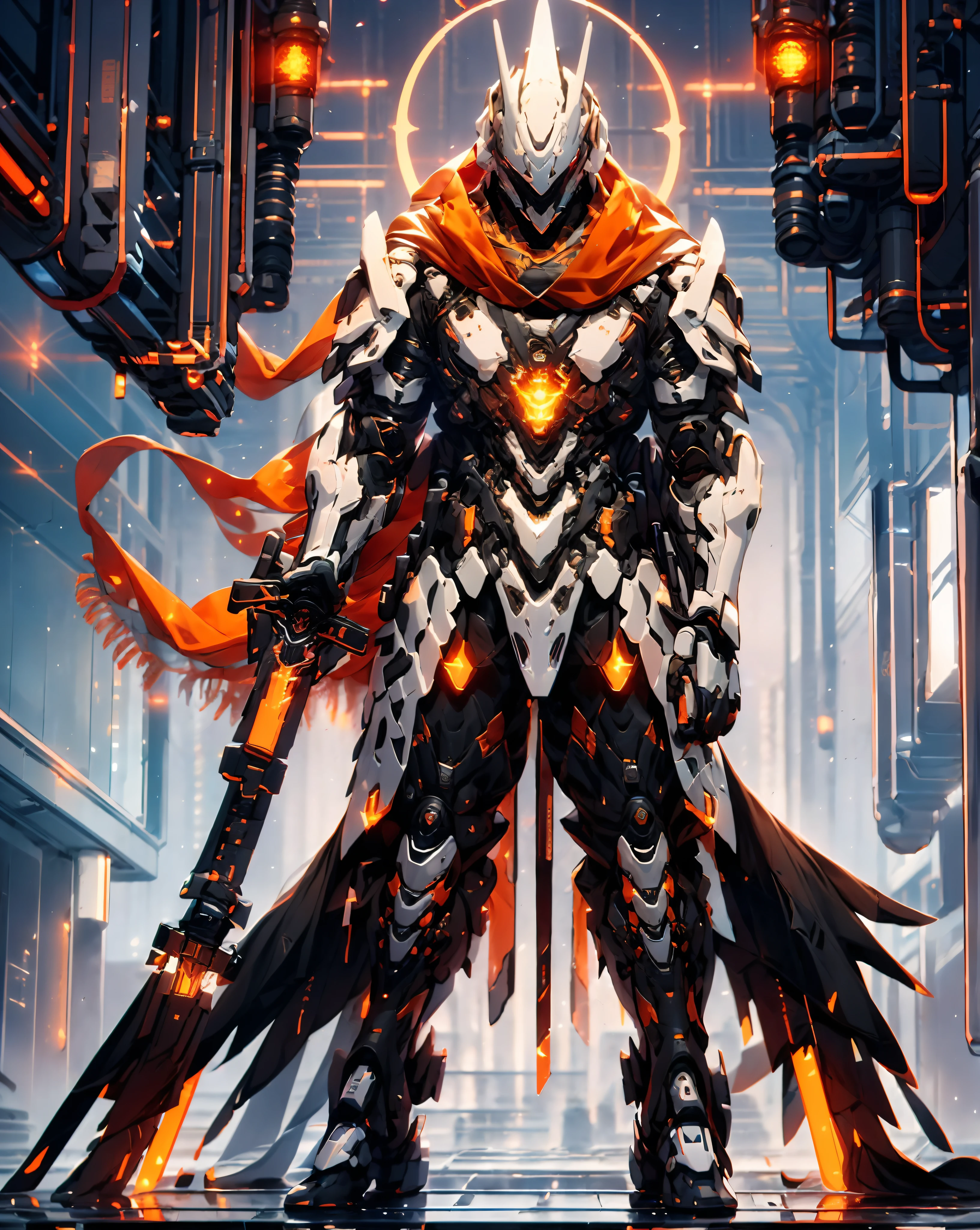 realistic,shiny,reflective,bioluminic, galactic cybernetic mask,mecha,(assassin:1.2),((((scarf,long cloak)))),sh4g0d,GlowingRunes_red,fullbody,cinemnatic,dark background,backlight,high contrast,