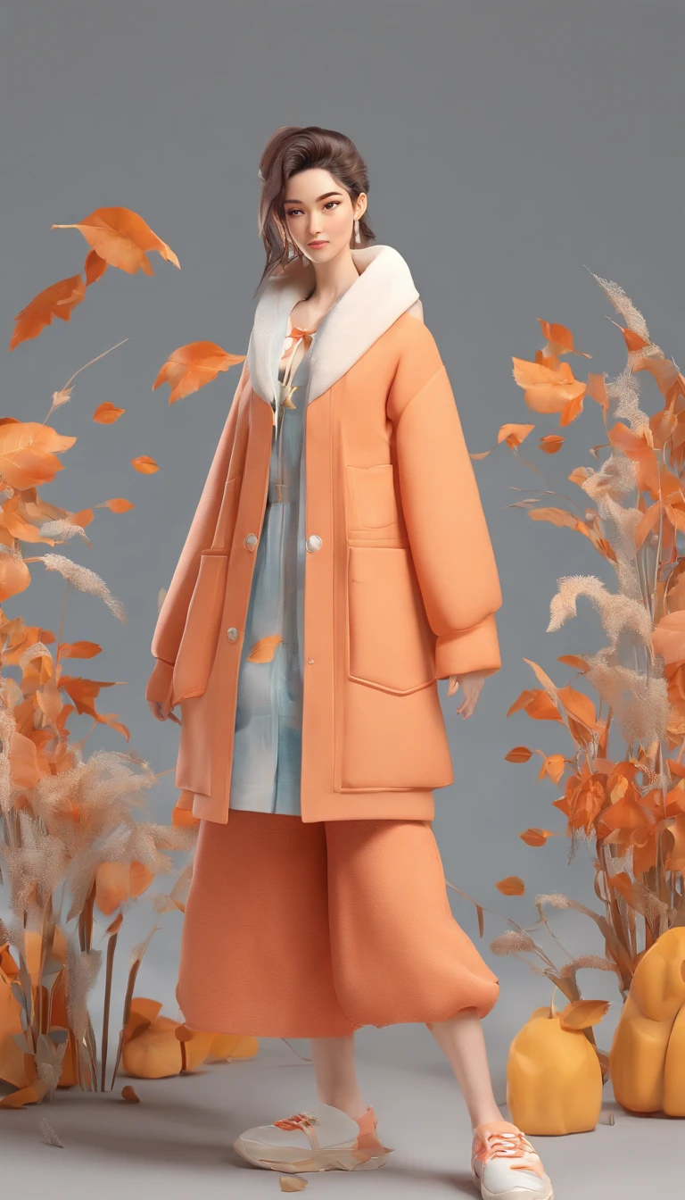 Costume planning theme autumn and winter return to dust，Style: Urban simplicity, Old money style, Reference brand TEME 2023. Moya Seoul 2023 colors: Peach, Amber brown, Orange-yellow details: The top is smart，Casual culottes，Loose shoulder straps，White shirt material: linen, Cotton, Silk, Fleece, Full body front design