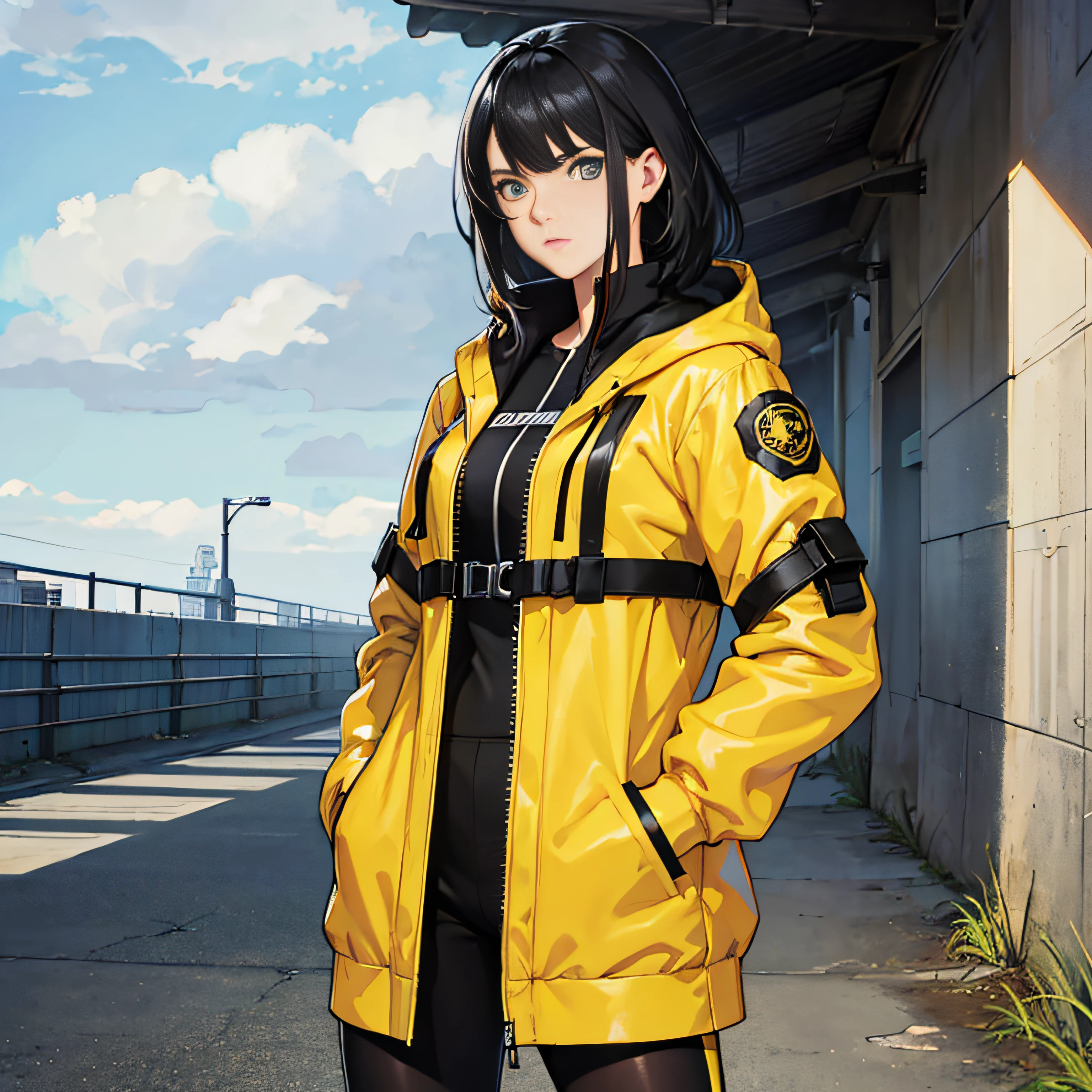 girl with, Yellow jacket, Hands in pockets, Staring at others, Long Black Hair, Heterochromic eyes, Heterochromic eyes, Iris heterochromic pupil, 8K resolution, Very detailed, Anatomically correct, Digital Painting, Concept art, Shinkai Makoto style, Clear picture, --auto