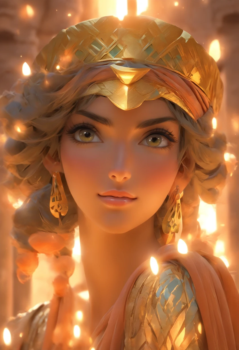 (((Phoenician SEX GODDESS))) best quality, ultra-high resolution, 4K detailed CG, master piece, ASTARTE, Phoenician woman, short hair, makeup eyes, waning moon diadem, earrings, necklace, Phoenician clothing, Phoenician mythology ,((Persian tiara)),Arabic painting style, aesthetics, Beautiful image, depth of field, centered on the canvas