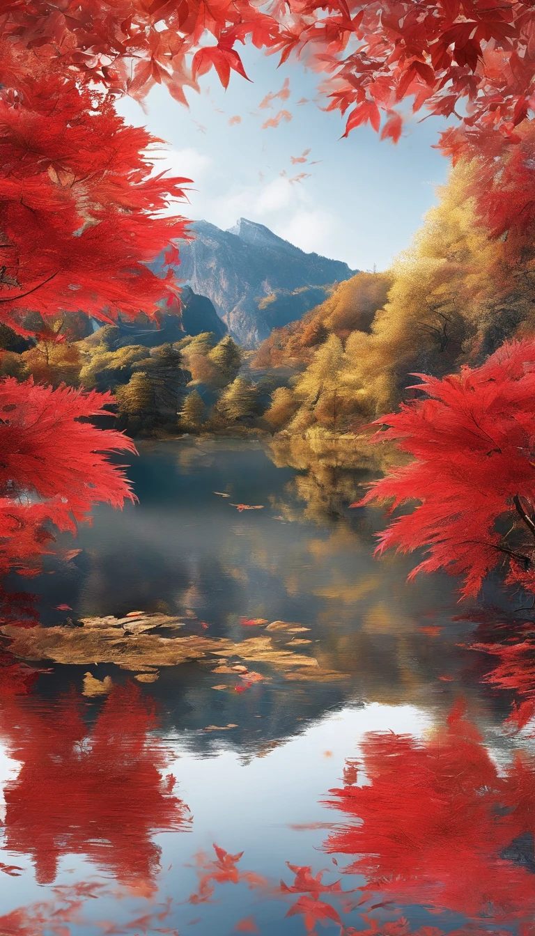 A few red leaves have a little white frost on them,Late autumn view,Beautiful views,Heaven and earth are pure,Autumn colors are clear,Everything was beautiful,Golden wind and water dew reflect dazzling light