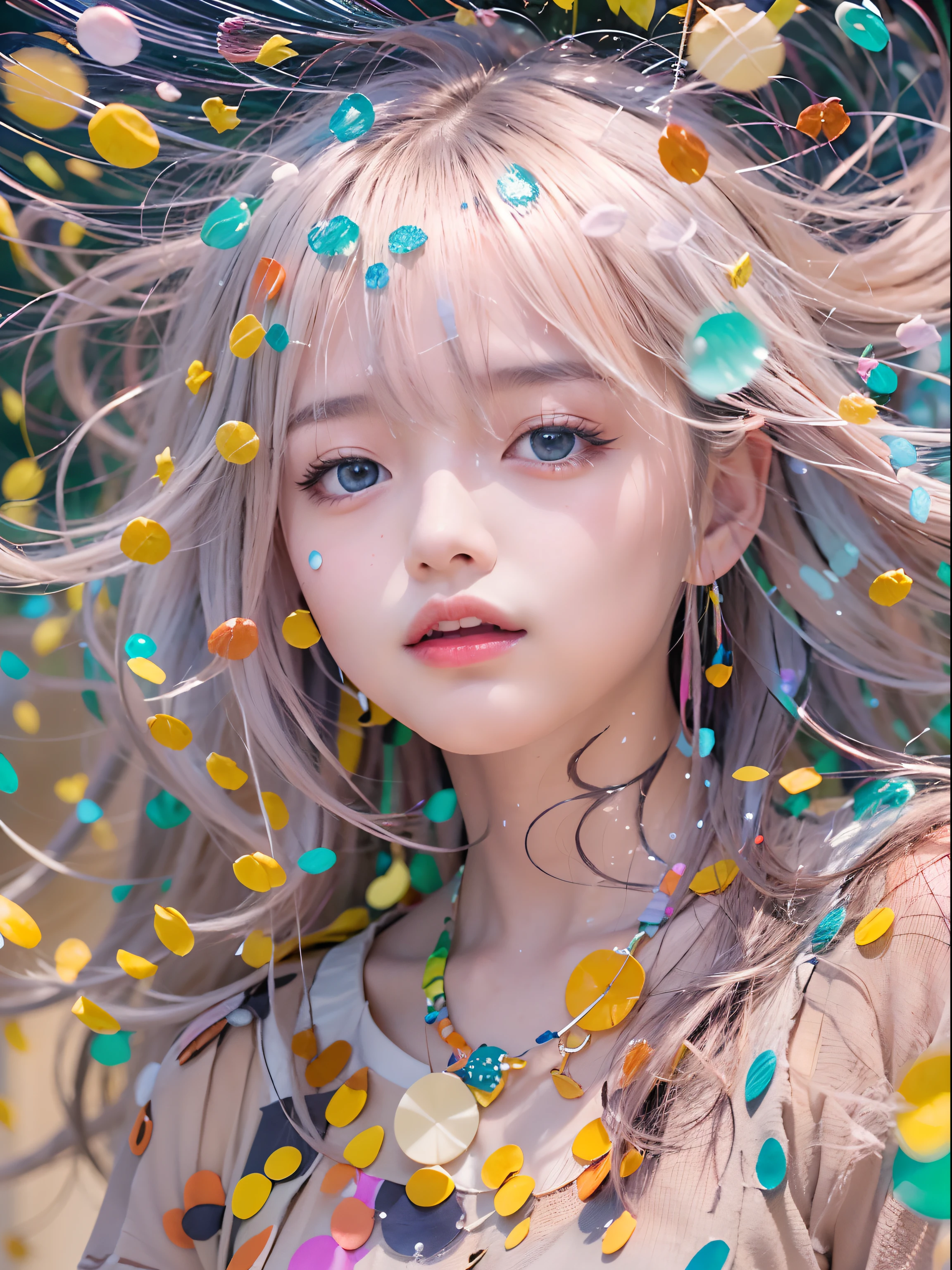 (((masutepiece))),(((Best quality))),((Ultra-detailed)),(Dynamic Angle), ((Floating)),((Disheveled hair)), (Solo),(1girl in), ((small_Breasts)), ((beautifull detailed face)),Collar,Bare shoulders,  White hair, ((Colorful hair)),((striated hair)), Beautiful detailed eyes,(Gradient color eyes),(((Colorful eyes))), (((Colorful background))),(((High color saturation))),(((Surrounded by colorful splashes))),(((surrounded by colorful dot))),colorful bubble,((Shining))