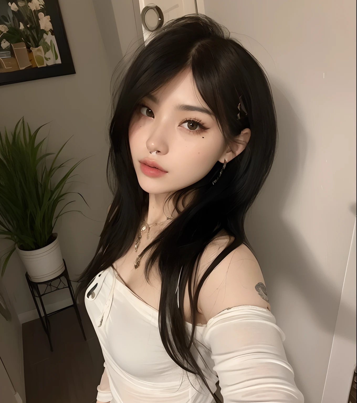 Asian woman araffed with long black hair and a white top, Ela tem cabelo preto com franja, cabelos escuros longos com franja, 19-year-old girl, pale goth beauty, Ulzzang, cabelo preto longo com franja, cruel korean goth girl, 18 anos, cabelos longos com franja, cabelos pretos e olhos grandes