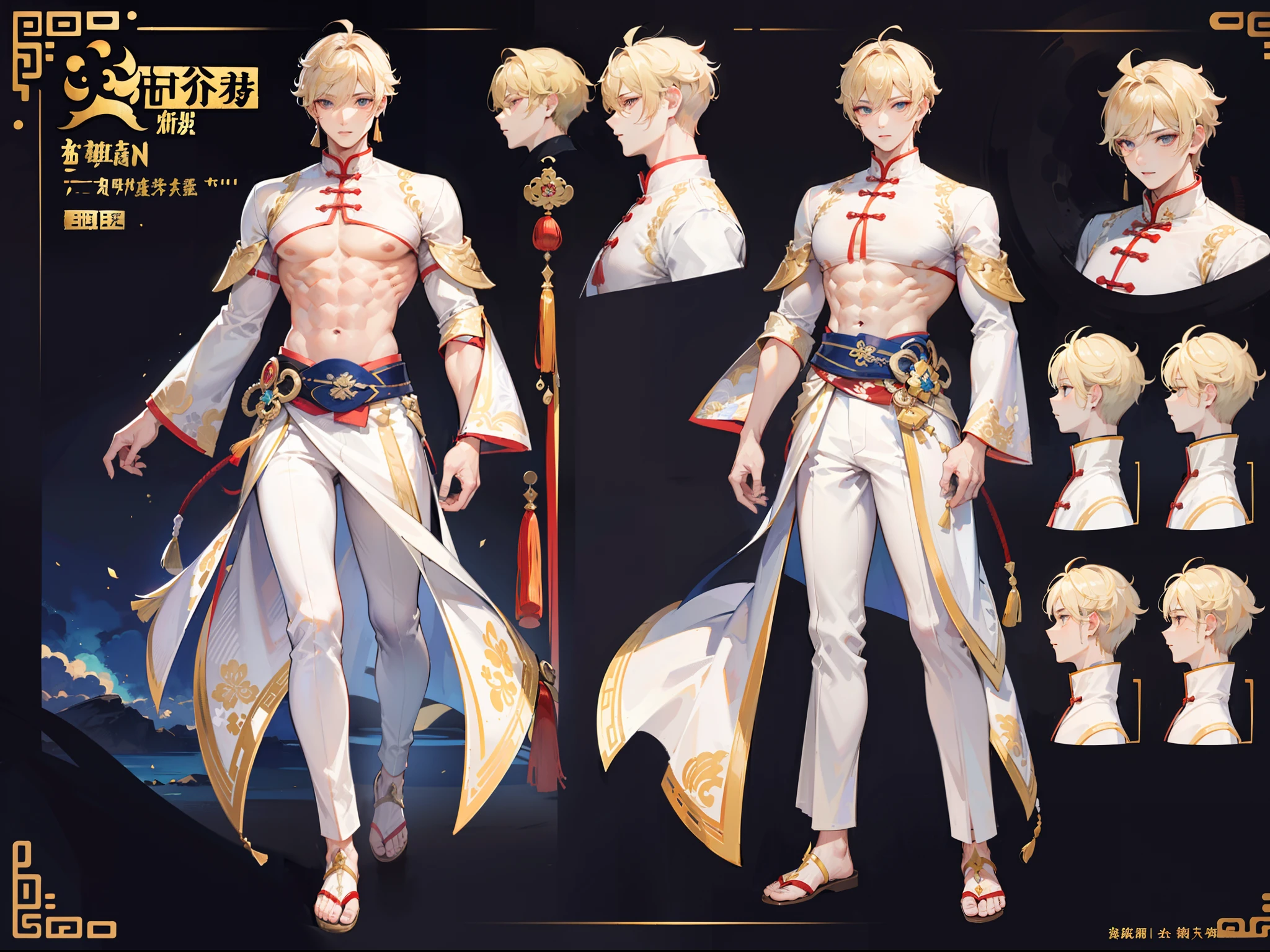 ((Masterpiece, Highest quality)), Detailed face, character design sheet,full body esbian, Full of details, frontal body view, back body view, Highly detailed, Depth, Many parts, Muscle boy with blonde hair,handsome man, Traditional chinese clothes, Genshin Impact, man tall, pectoral muscles, abs