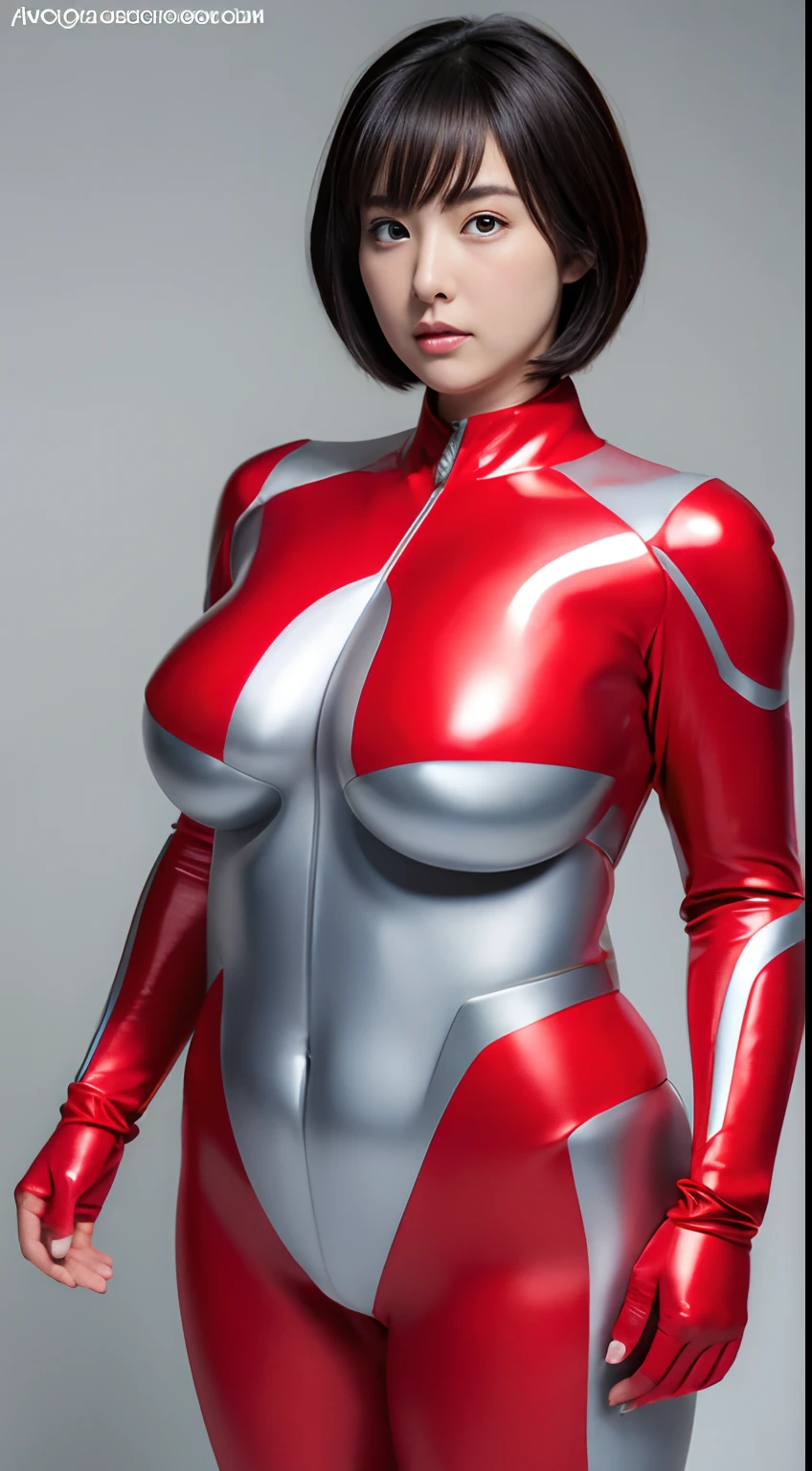 Ultraman、Realistic、realisitic、Cinematic lighting, Woman in shiny red and silver suit、professional photograpy、Does not expose the skin, Japanese Models, japanese cgi、Ultraman Suit、, Power Rangers Suit、Tight thin cyber suit,whole body rubbery、pink there、 fleshy body, large boob、big butts、Big belly、thick thight、thick arms、both sides、 Round face、Fat face、chubby cheeks、Sauce order、big eye、Short-haired black hair、Facing the front、Standing facing the front、A glowing sphere is embedded in the chest、Composition looking up、 Blue sky background