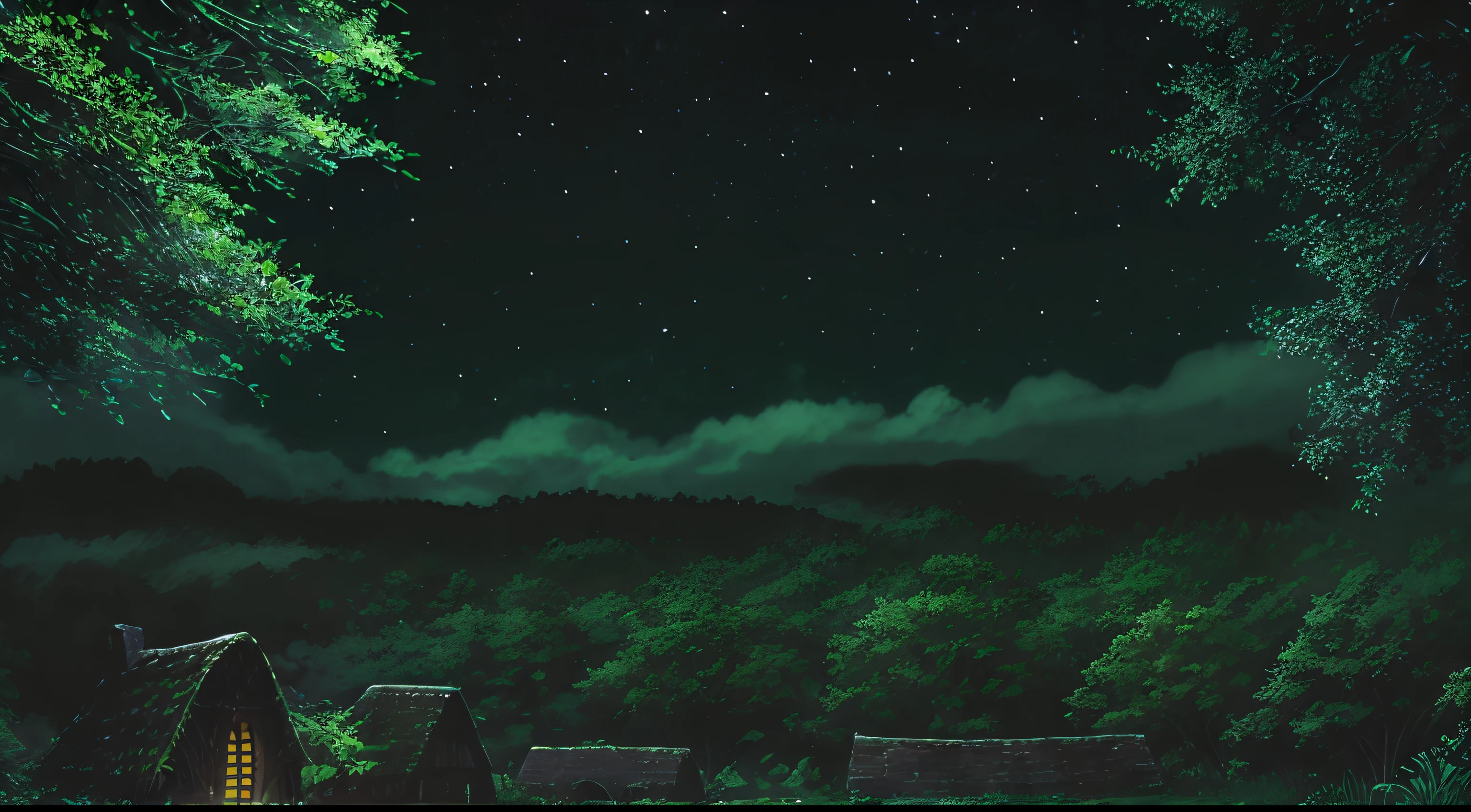 fantasy, dim, gloomy green, jungle , elf village detailed window frames, a distant giant tree, glittering silver leaves, twinkling stars, moonlit sky,silent tranquility,gloomy silhouette,mystical atmosphere, night flowers