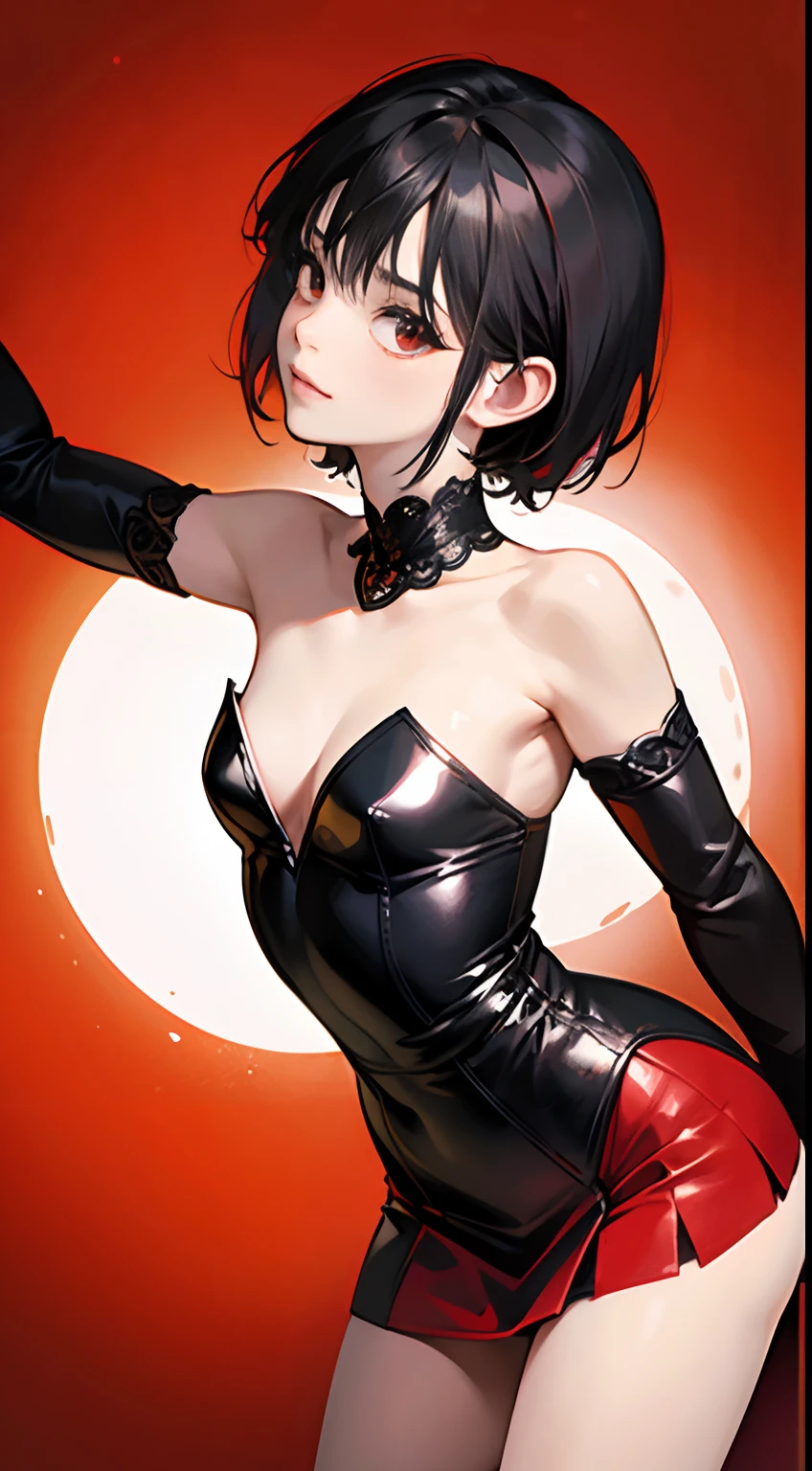 (Best Quality,4K,High resolution), 8-year-old 、A girl child,Chibi、小柄、 Red mesh hair on black hair, Very short berry shorthair,Unkempt short hair、Hair ornament of autumn leaves、sharp eye、Cold eyes、Red Eyes、 Innocence,small tits、slender physique、 Tight high neck red leather mini dress with intricate decoration,Red Leather Draped Mini Skirt,Leather corset、Red knee-high boots with decoration、Comical appearance,noisy,busy、comic strip,animesque,Comical illustration,Deformed cute illustration,Delicately expresses realistic skin texture、glares、Brave eyes、Combat stance、Low posture、buttle