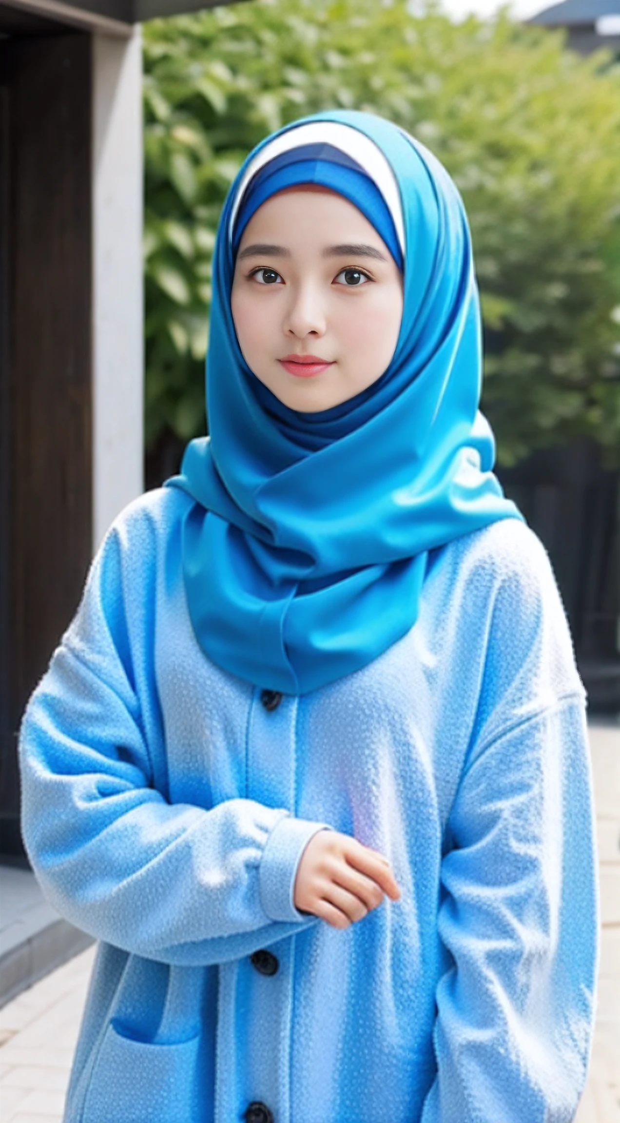 masterpiece, top-quality, 8K, absurderes, a beauty girl, (full body shot), kawaii, outdoor, wearing blue pasmina hijab, wear hijab, hair covered, nice body, No makeup, medium breast, Near and far law, depth of fields, A hyper-realistic, hight resolution, a picture, foco nítido, nffsw, face lights, 动态照明, Highest detail, Extreme details、ultra-detailliert、detaile、authentic skin、delicated facial features、Easy Negative