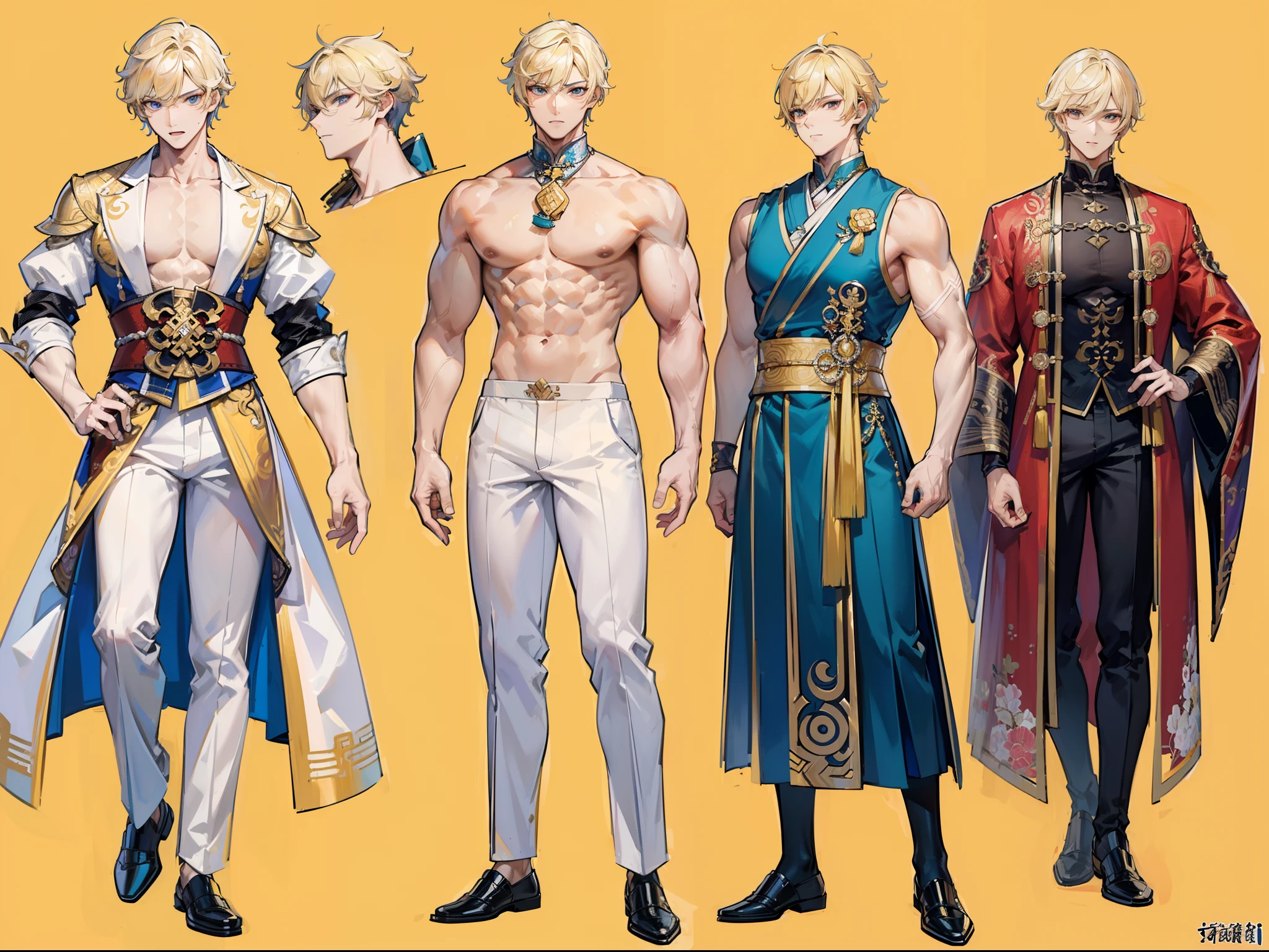 ((Masterpiece, Highest quality)), Detailed face, character design sheet,full body esbian, Full of details, frontal body view, back body view, Highly detailed, Depth, Many parts, Muscle boy with blonde hair,handsome man, Traditional chinese clothes, Genshin Impact, man tall, pectoral muscles, abs