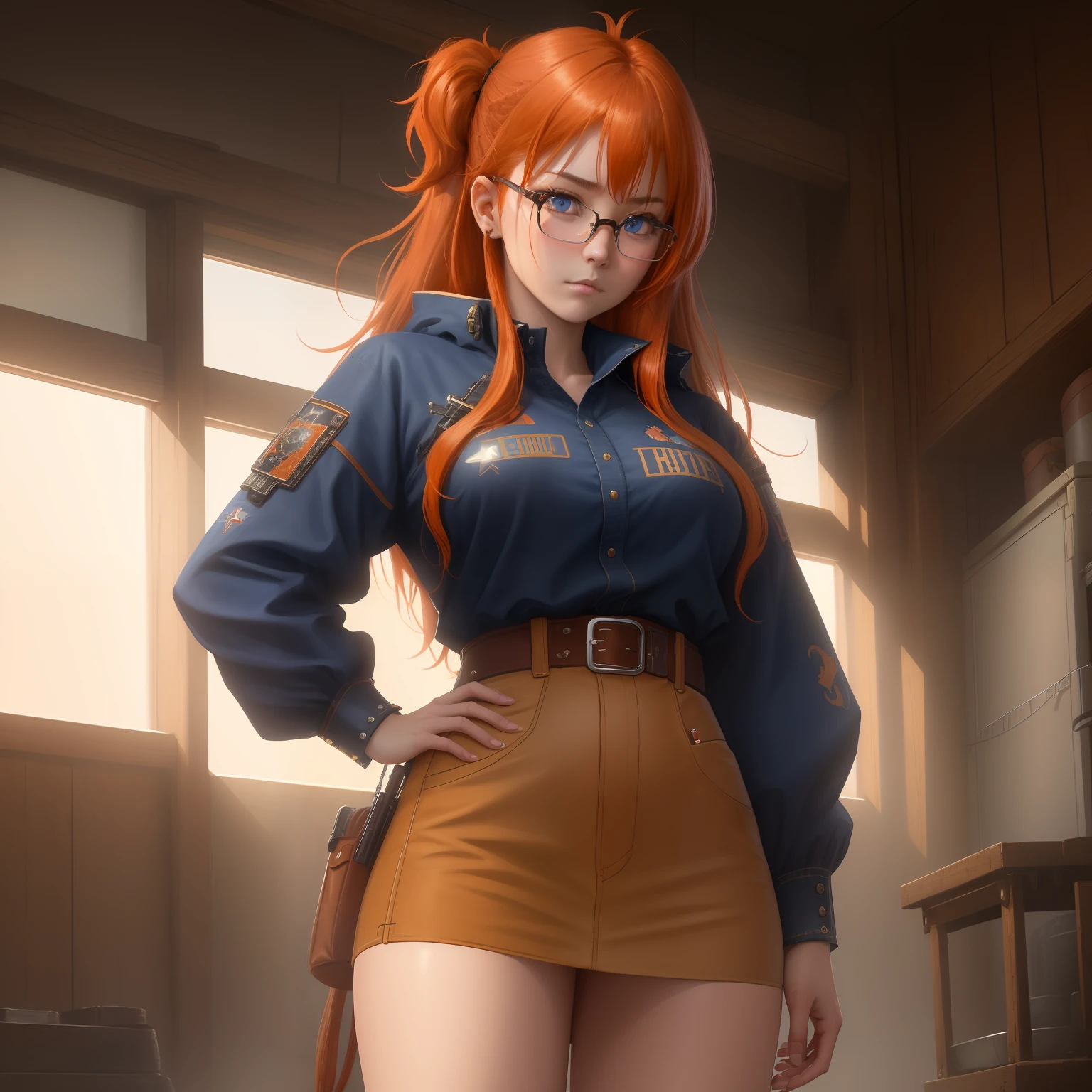 8k, masterpiece, best quality, realistic, higly detailed, cowboy shot, 1girl, solo, itsuki, serious looking girl, medium-length hair, expressive ahoge, reddish-orange hair, a pair of star-shaped hairpins near both of her eyes, dark blue eyes, average height, well-endowed figure, glasses, cute, cyberpunk