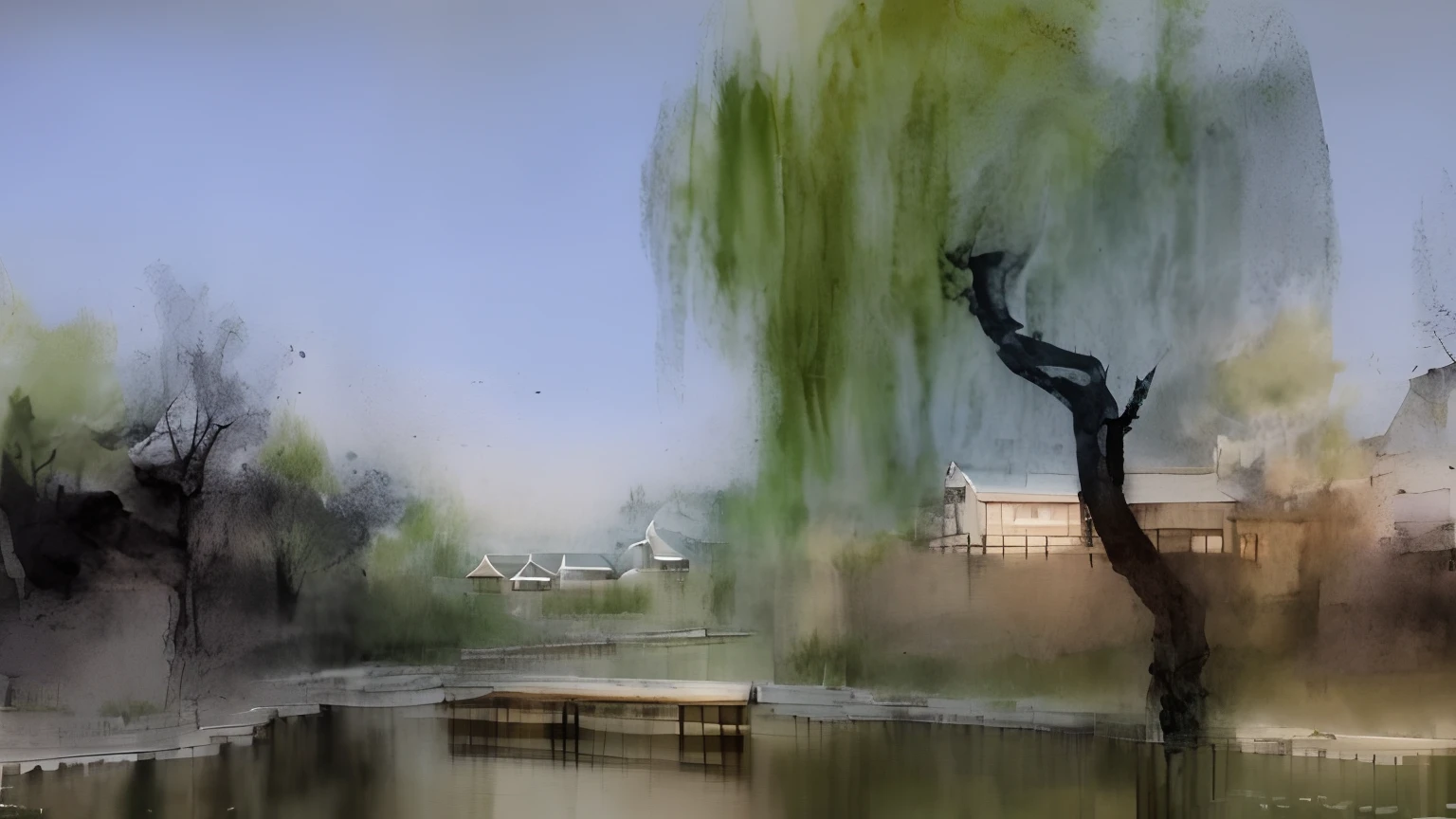 The houses in the picture are all flat roofs,Render an ink painting of a river