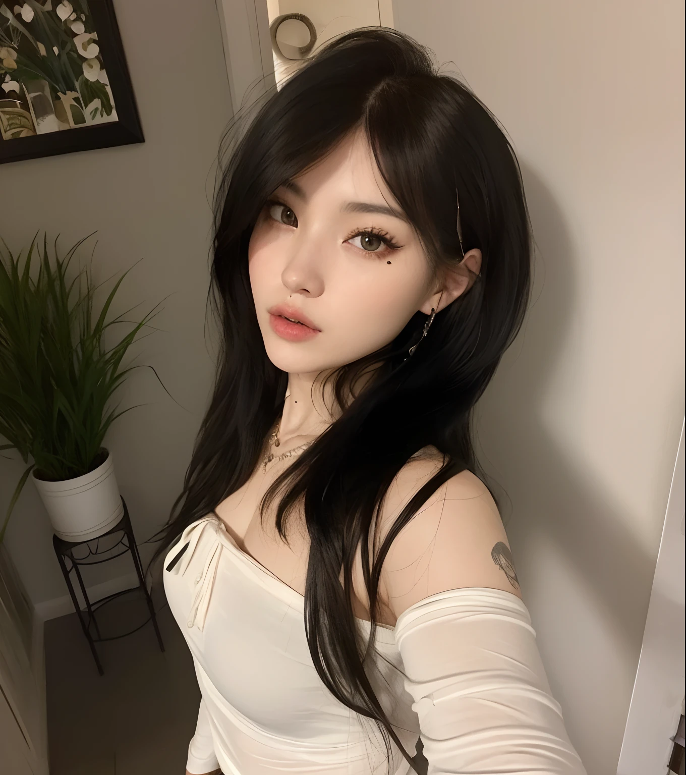 Asian woman araffed with long black hair and a white top, Ela tem cabelo preto com franja, cabelos escuros longos com franja, 19-year-old girl, pale goth beauty, Ulzzang, cabelo preto longo com franja, cruel korean goth girl, 18 anos, cabelos longos com franja, cabelos pretos e olhos grandes