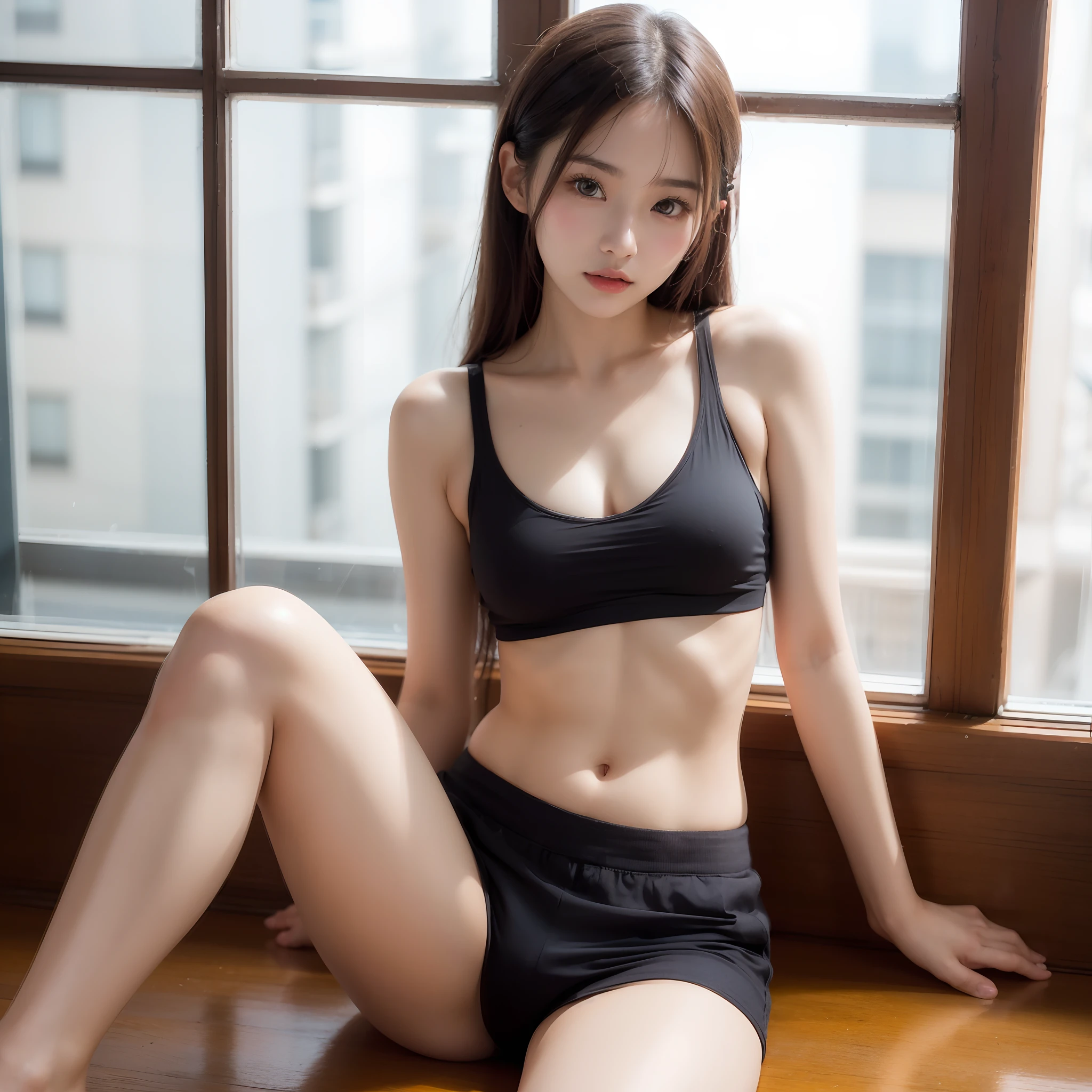 arafed asian woman in a tang top and short pants posing for a picture, wearing tight simple clothes, tang top, korean girl, gorgeous young korean woman, wearing tang top, wearing a sexy cropped top, beautiful asian girl, beautiful young korean woman, japanese model, photo of slim girl model, 2 4 year old female model, sultry body with sexy belly