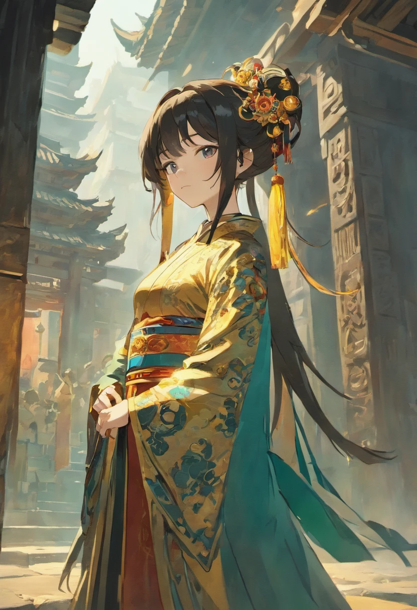 a girl standing in front of the Sanxingdui ruins, wearing a traditional Han Chinese dress, beautiful detailed eyes, flowing black hair, holding a ceremonial bronze mask , surrounded by ancient artifacts and stone sculptures, mysterious aura, slight mist in the air, golden sunlight casting shadows, large Sanxingdui logo in the background, high-resolution painting, professional craftsmanship, ancient Chinese civilization, magnificent ruins, vibrant colors, cultural heritage, art, history, realism