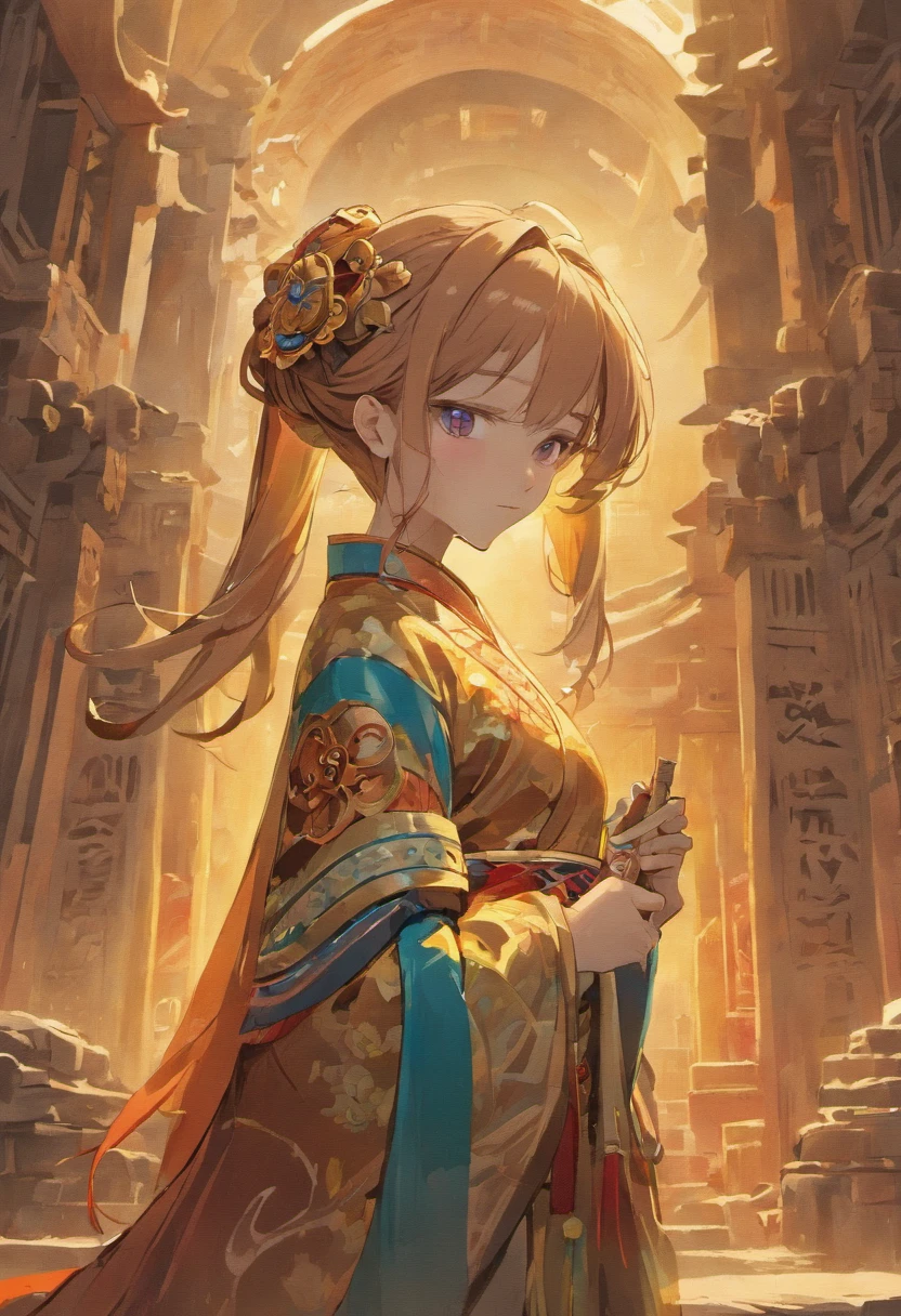 a girl standing in front of the Sanxingdui ruins, wearing a traditional Han Chinese dress, beautiful detailed eyes, flowing black hair, holding a ceremonial bronze mask , surrounded by ancient artifacts and stone sculptures, mysterious aura, slight mist in the air, golden sunlight casting shadows, large Sanxingdui logo in the background, high-resolution painting, professional craftsmanship, ancient Chinese civilization, magnificent ruins, vibrant colors, cultural heritage, art, history, realism