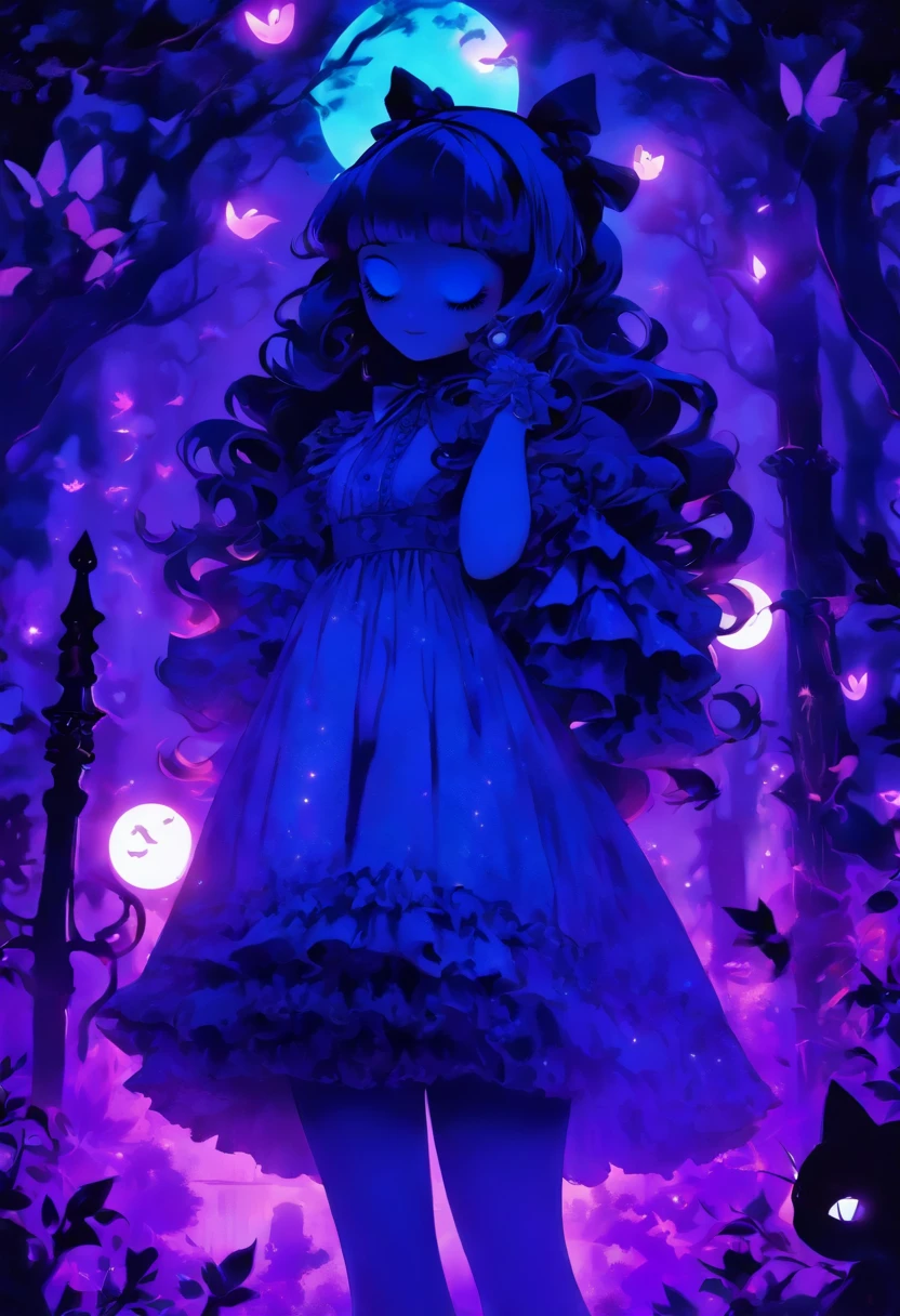 In a moonlit night, a blue-haired gothic lolita casting glowing purple spells. Her eyes, detailed and captivating, filled with determination and a touch of mischief. Her lips, beautifully detailed, curled into an enchanting smile. The intricate lace and ruffles of her gothic lolita attire complement her ethereal presence.

The scene is bathed in an otherworldly glow, with the moon's soft light illuminating the surroundings. A misty forest provides a mysterious backdrop, its trees casting long, eerie shadows. The air is heavy with magic, as swirling purple spells emanate from the lolita's hands.

The artwork showcases the finest craftsmanship, with ultra-detailed strokes bringing the lolita's enchanting presence to life. The colors are vivid, with the purple spells contrasting against the dark blues and blacks of the night. The lighting creates a dramatic atmosphere, emphasizing the magical aura surrounding the lolita.

The medium used for this artwork is a mix of digital illustration and photorealistic rendering. The combination of these techniques creates a unique style that blends fantasy and reality. The attention to detail and the use of physically-based rendering techniques add depth and realism to the artwork.

The overall artistic style is a fusion of gothic and fantasy elements. It portrays a sense of mystery and allure, capturing the essence of the gothic lolita subculture. The color palette is dominated by shades of blue and purple, enhancing the magical atmosphere of the scene.

This prompt aims to generate a high-quality, detailed artwork. The emphasis on realism and the use of professional techniques ensure that every aspect of the artwork is meticulously crafted. The result is a masterpiece that transports the viewer into a world of magical possibilities.

Tags: blue-haired, gothic lolita, glowing purple spells, moonlight, detailed eyes, detailed lips, misty forest, swirling spells, enchanting smile, intricate lace, ruffles, ethereal presence, otherwor