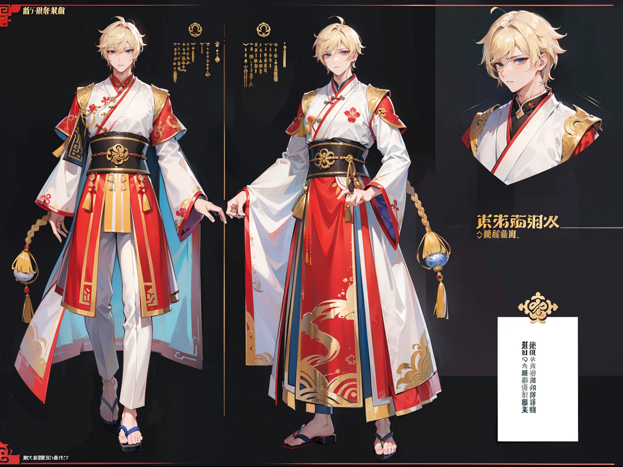 ((Masterpiece, Highest quality)), Detailed face, character design sheet, full bodyesbian, Full of details, frontal body view, back body view, Highly detailed, Depth, Many parts, Muscle boy with blonde hair,handsome man, Traditional chinese clothes, Genshin Impact, man tall