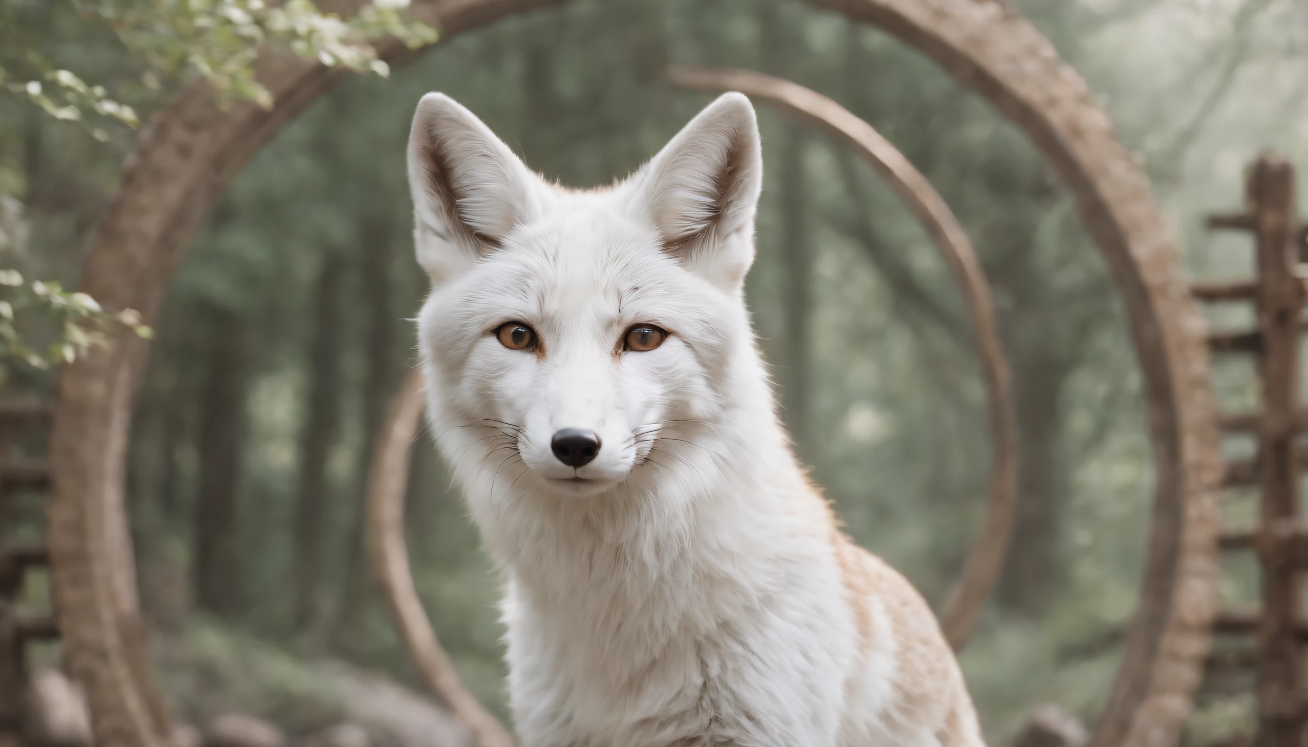 a [white fox] walking through a portal | in the style of zen buddhism influence and post-apocalyptic landscapes | spring season | portrait paintings; mote kei; iconic; realistic portrayal