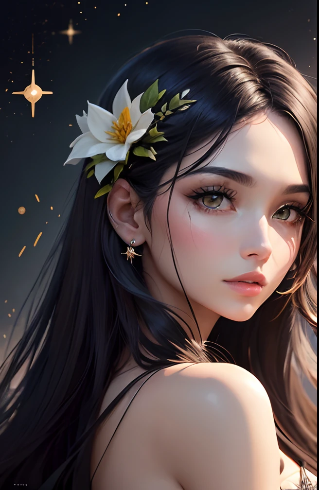 Part of Human personification/Female zodiac sign: Virgem, deusa de cabelo Preto, Virgo zodiac sign symbols, florta, deusa do amor, olhos de cor castanhos, flor, estrelas, Florerta, cabelo de cor preto, deusa da floreta/terra