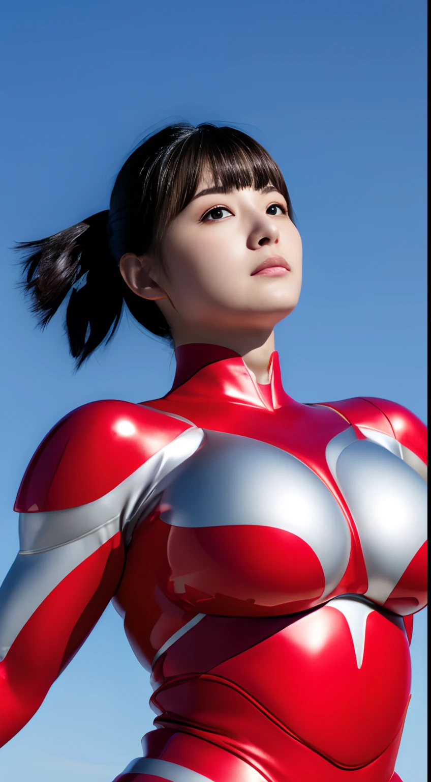 Ultraman、Realistic、realisitic、Cinematic lighting, Woman in shiny red and silver suit、professional photograpy、Does not expose the skin, Japanese Models, japanese cgi、Ultraman Suit、, Power Rangers Suit、Tight thin cyber suit,whole body rubbery、pink there、 fleshy body, large boob、big butts、Big belly、thick thight、thick arms、both sides、 Round face、Fat face、chubby cheeks、Sauce order、big eye、Short-haired black hair、Facing the front、Standing facing the front、A glowing sphere is embedded in the chest、Composition looking up、 Blue sky background