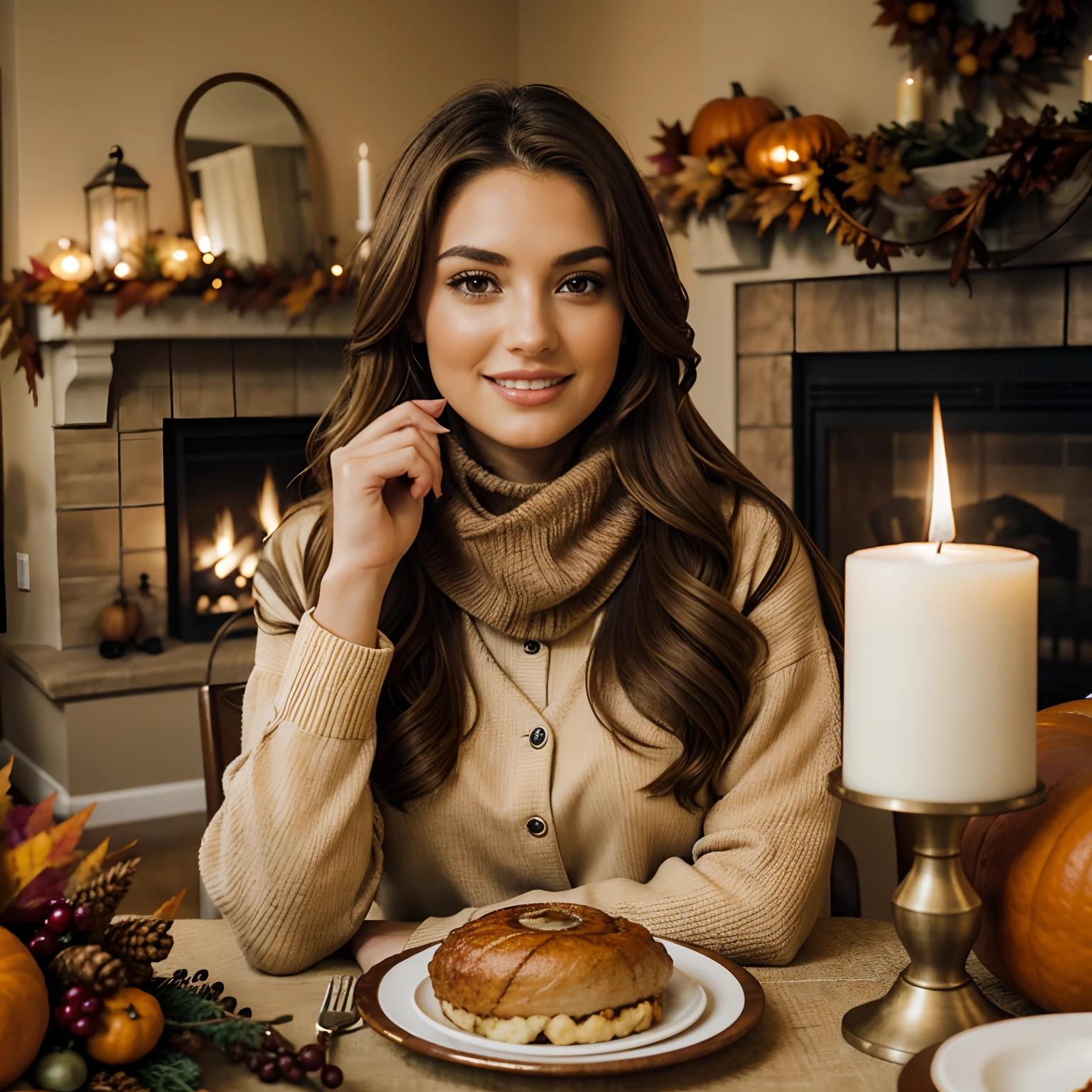 Generate heartwarming photographs of Autumn at her parents' house, celebrating Canadian Thanksgiving Dinner. Autumn, in her mid-20s, stands around 5'4" tall, with her long, wavy chestnut hair flowing gracefully over her shoulders. Her athletic hourglass figure and warm, sun-kissed tan complement her captivating complexion. Autumn's expressive brown eyes exude charisma, reflecting her relaxed and confident demeanor.

For the occasion, Autumn is dressed elegantly in a cozy, yet stylish fall outfit that captures the spirit of the season. She wears a form-fitting, knee-length dress in autumnal hues, which accentuates her figure while exuding warmth and comfort. Autumn's ensemble is completed with a fashionable scarf and knee-high boots that add a touch of sophistication to her look.

The setting is her parents' welcoming home, adorned with festive Thanksgiving decorations. The dining room table is beautifully set with fine china, fall-themed centerpieces, and a delicious spread of traditional Canadian Thanksgiving dishes. Warm lighting creates an inviting and cozy atmosphere, enhancing the sense of togetherness and gratitude.

Autumn is captured in candid moments, sharing laughs and making memories with her family. Whether she's helping in the kitchen, setting the table, or enjoying a hearty meal, the photographs should convey the warmth and joy of the holiday gathering. Natural lighting enhances the cozy atmosphere, creating a sense of nostalgia and celebrating the essence of Canadian Thanksgiving.

Additional shots focus on Autumn sitting at her designated spot at the dinner table, her plate filled with keto-friendly Thanksgiving dishes, free of carbs. These shots emphasize her commitment to her dietary choices while still enjoying the festivities. Intense look and makeup, symmetrical eyes, symmetrical face, photorealistic, photography, path tracing, specular lighting, volumetric face light, path traced hair, visible shadows, intricate, elaborate, hyper-realistic