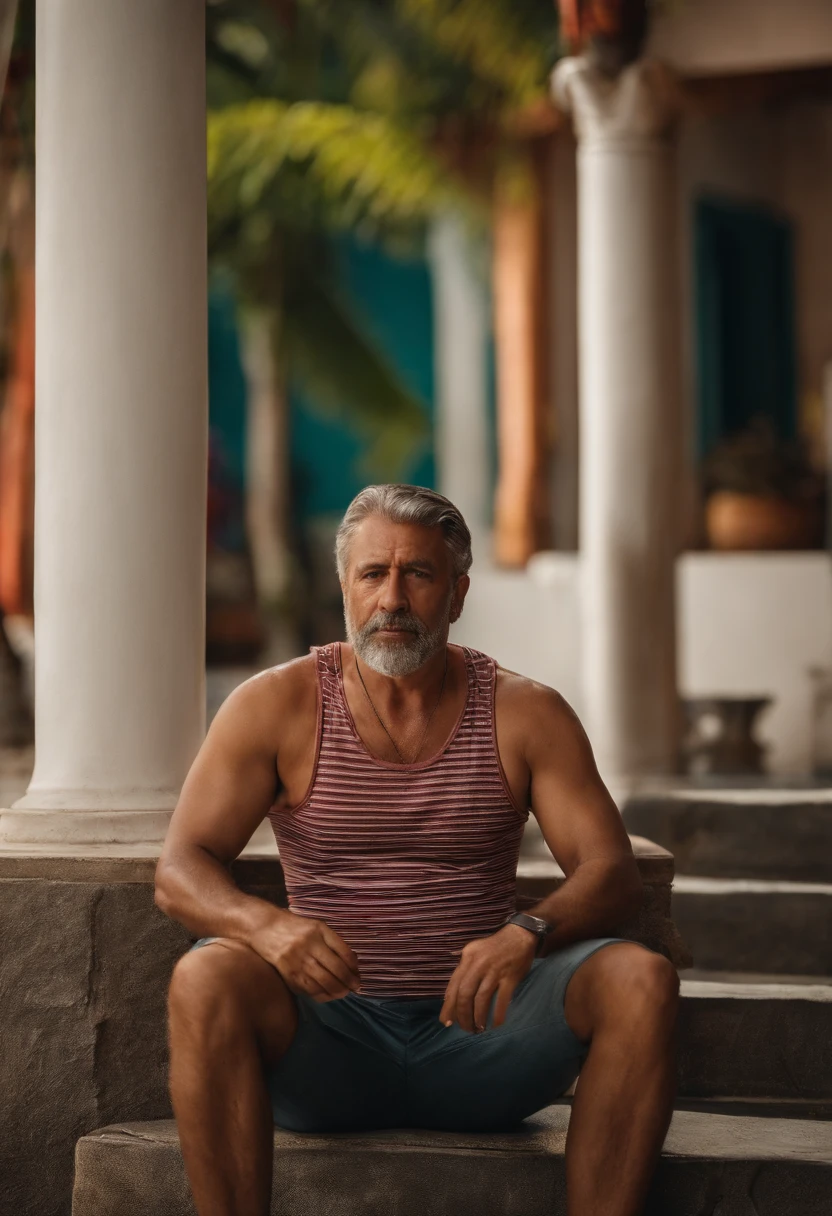 Um Homem, moreno, 45 anos, sentado, with his head down, In front of him standing, uma mulher, morena alta, ela segura uma banana, tamanho pequena