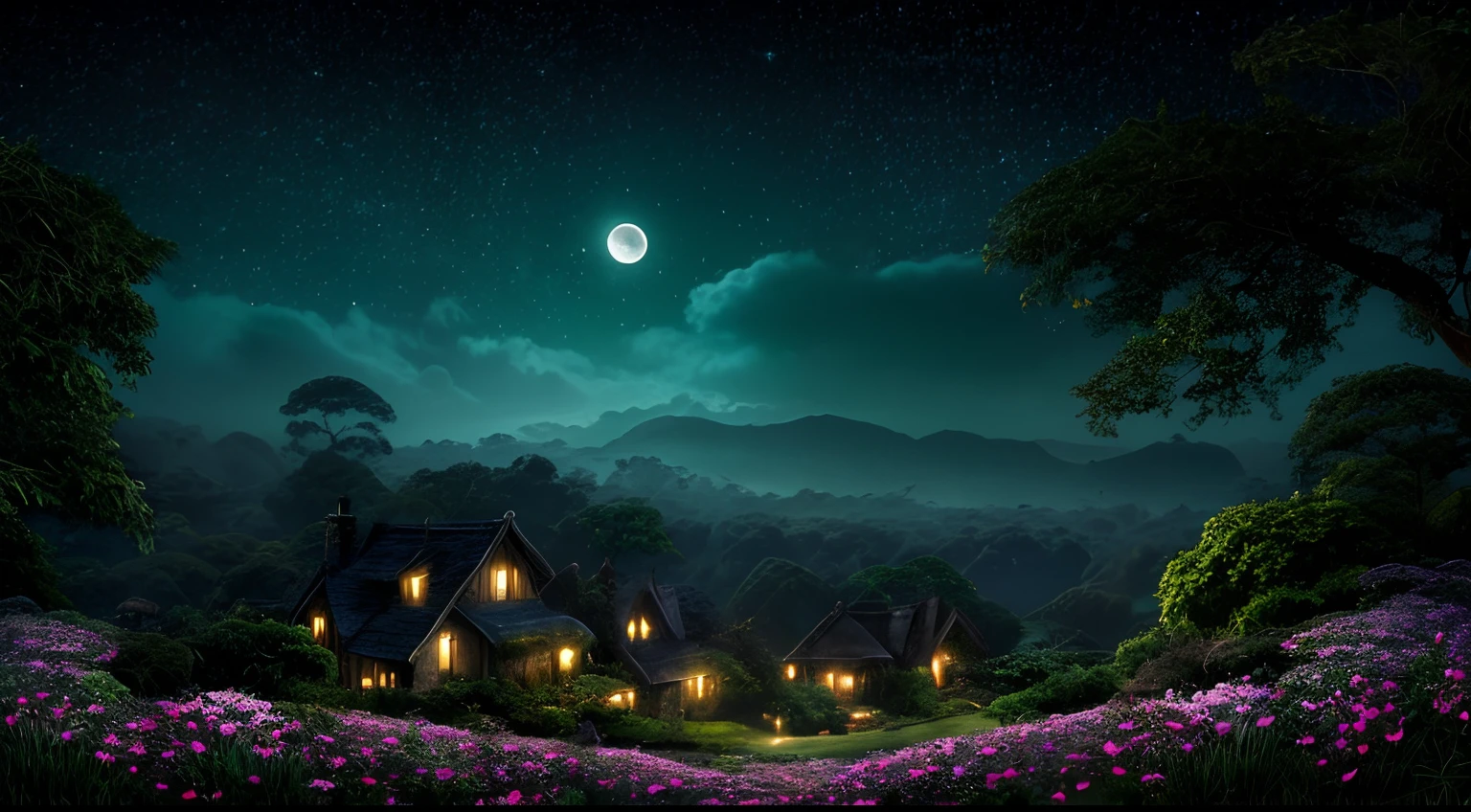 fantasy, dim, gloomy green, jungle , elf village detailed window frames, a distant giant tree, glittering silver leaves, twinkling stars, moonlit sky,silent tranquility,gloomy silhouette,mystical atmosphere, night flowers
