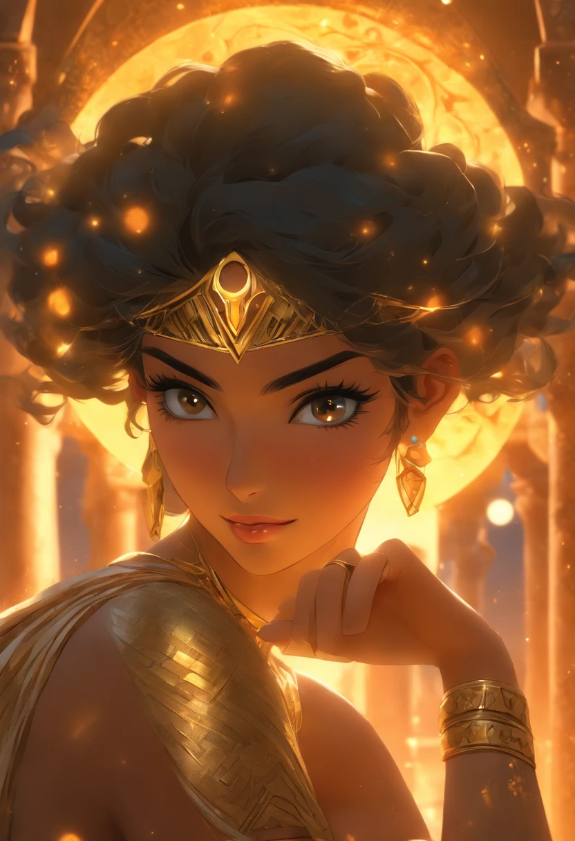 (((Sex Goddess))) best quality, ultra-high resolution, 4K detailed CG, master piece,ASTARTE,Arab woman,short hair,((black eyes)),((waning moon circlet)),earrings, necklace, Arab clothes, Phoenician mythology, Arabic painting style, aesthetics, Beautiful image, depth of field, centered on the canvas