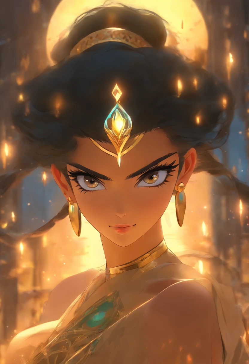 (((Sex Goddess))) best quality, ultra-high resolution, 4K detailed CG, master piece,ASTARTE,Arab woman,short hair,((black eyes)),((waning moon circlet)),earrings, necklace, Arab clothes, Phoenician mythology, Arabic painting style, aesthetics, Beautiful image, depth of field, centered on the canvas
