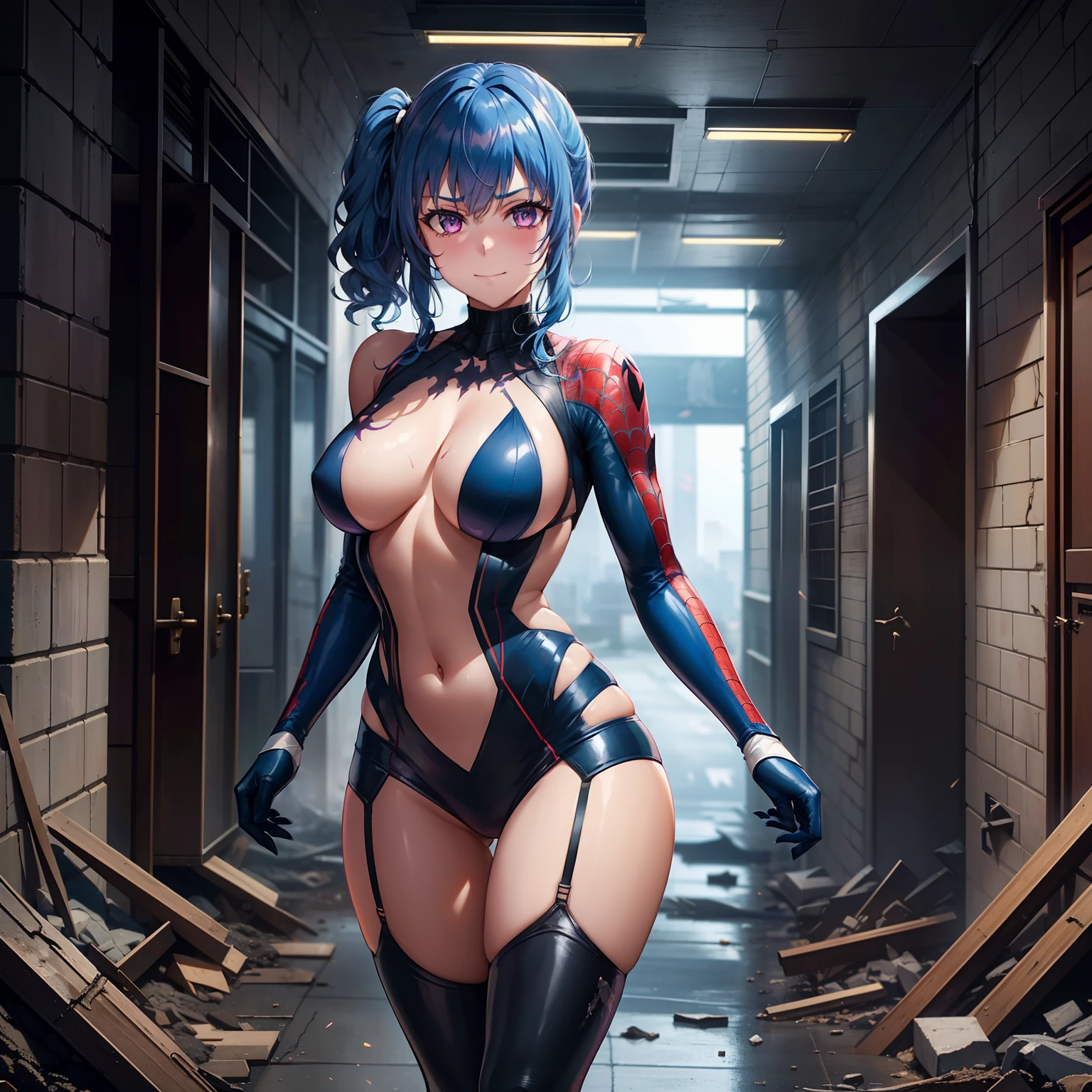 1girl,big breasts,standing in ruined city,(8k),scratches,detailed face,blue hair,purple eyes,medium hair,side ponytail,embarassed,small smile face,high_res, high_definition,the battlefield,sexy pose,dark suit,(symbiote spider man Custome:1.1),