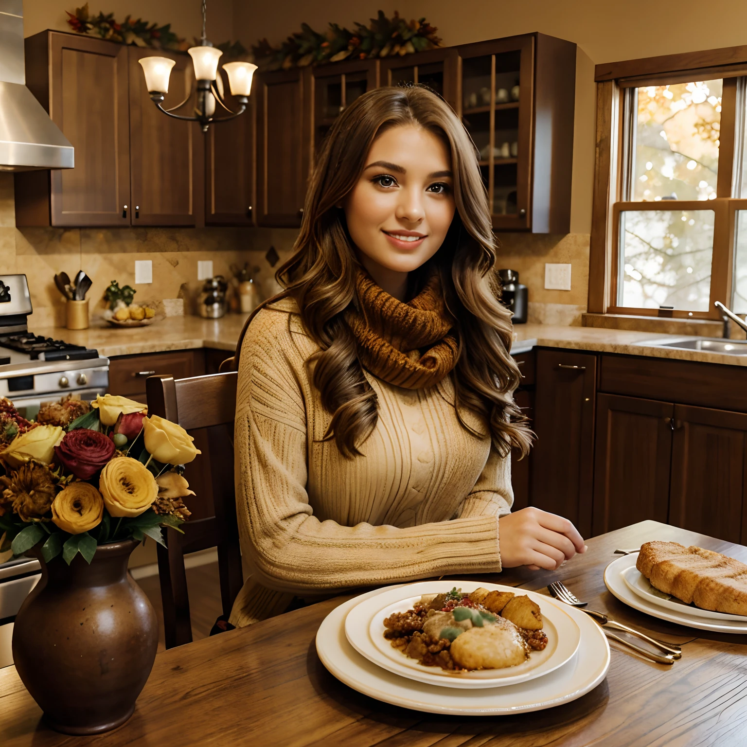 Generate heartwarming photographs of Autumn at her parents' house, celebrating Canadian Thanksgiving Dinner. Autumn, in her mid-20s, stands around 5'4" tall, with her long, wavy chestnut hair flowing gracefully over her shoulders. Her athletic hourglass figure and warm, sun-kissed tan complement her captivating complexion. Autumn's expressive brown eyes exude charisma, reflecting her relaxed and confident demeanor.

For the occasion, Autumn is dressed elegantly in a cozy, yet stylish fall outfit that captures the spirit of the season. She wears a form-fitting, knee-length dress in autumnal hues, which accentuates her figure while exuding warmth and comfort. Autumn's ensemble is completed with a fashionable scarf and knee-high boots that add a touch of sophistication to her look.

The setting is her parents' welcoming home, adorned with festive Thanksgiving decorations. The dining room table is beautifully set with fine china, fall-themed centerpieces, and a delicious spread of traditional Canadian Thanksgiving dishes. Warm lighting creates an inviting and cozy atmosphere, enhancing the sense of togetherness and gratitude.

Autumn is captured in candid moments, sharing laughs and making memories with her family. Whether she's helping in the kitchen, setting the table, or enjoying a hearty meal, the photographs should convey the warmth and joy of the holiday gathering. Natural lighting enhances the cozy atmosphere, creating a sense of nostalgia and celebrating the essence of Canadian Thanksgiving.

Additional shots focus on Autumn sitting at her designated spot at the dinner table, her plate filled with keto-friendly Thanksgiving dishes, free of carbs. These shots emphasize her commitment to her dietary choices while still enjoying the festivities. Intense look and makeup, symmetrical eyes, symmetrical face, photorealistic, photography, path tracing, specular lighting, volumetric face light, path traced hair, visible shadows, intricate, elaborate, hyper-realistic