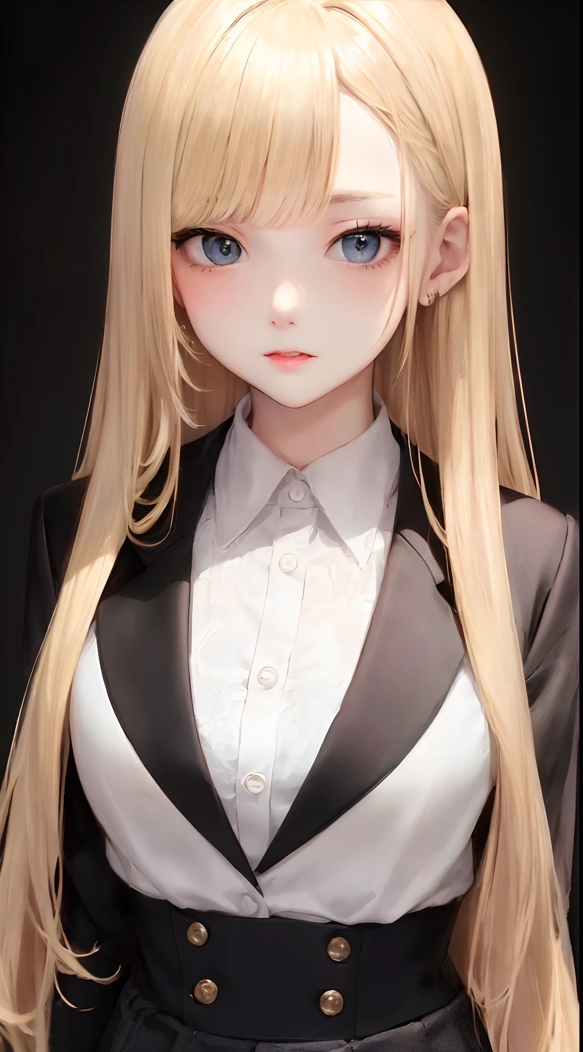 (((a blond、Portrait、upper body closeup、length hair、Contour enhancement))), (masutepiece), (Best Quality), , Light Layer, Lustrous skin, (intricate-detail , taut clothes, ), Kim Hair, hime-cut, Blunt bangs、Blue eyes、 30s、(maturefemale)、((Black blazer on cutter shirt、Black tight skirt、Black tights))、symmetry、Thick lip、Lustrous lips、Tall lady、white backgrounid、simple background、Single-color background、1 female、