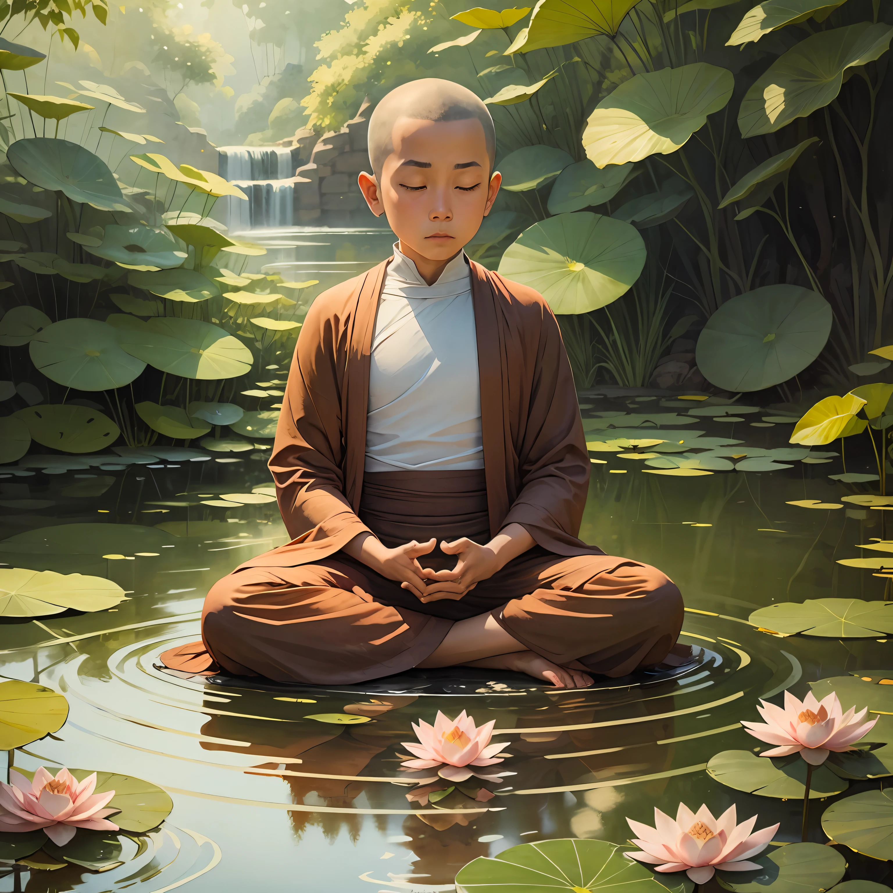 The monk meditates by the lotus pond,Stop talking,watercolour painting style --auto