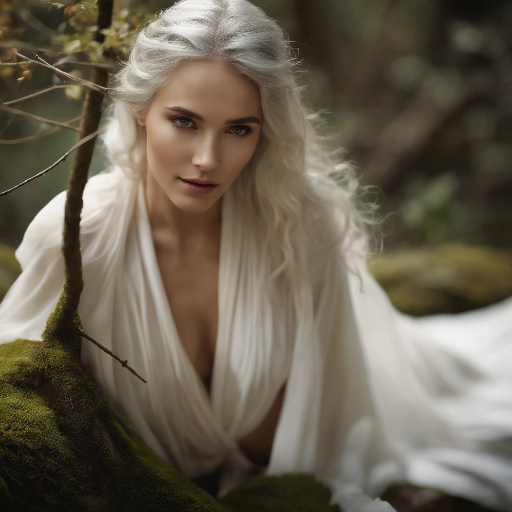 NSFW、hightquality、high-level image quality、hight resolution、a picture、Perfect human body structure、1 Beautiful Girl、full bodyesbian、A sly smile、elvish、Crystal clear silver hair、fullnude、White and thin silk robes disheveled、Wet and snugly attached to the skin、Open crotch、Forest with springs、Pose Seductive, young