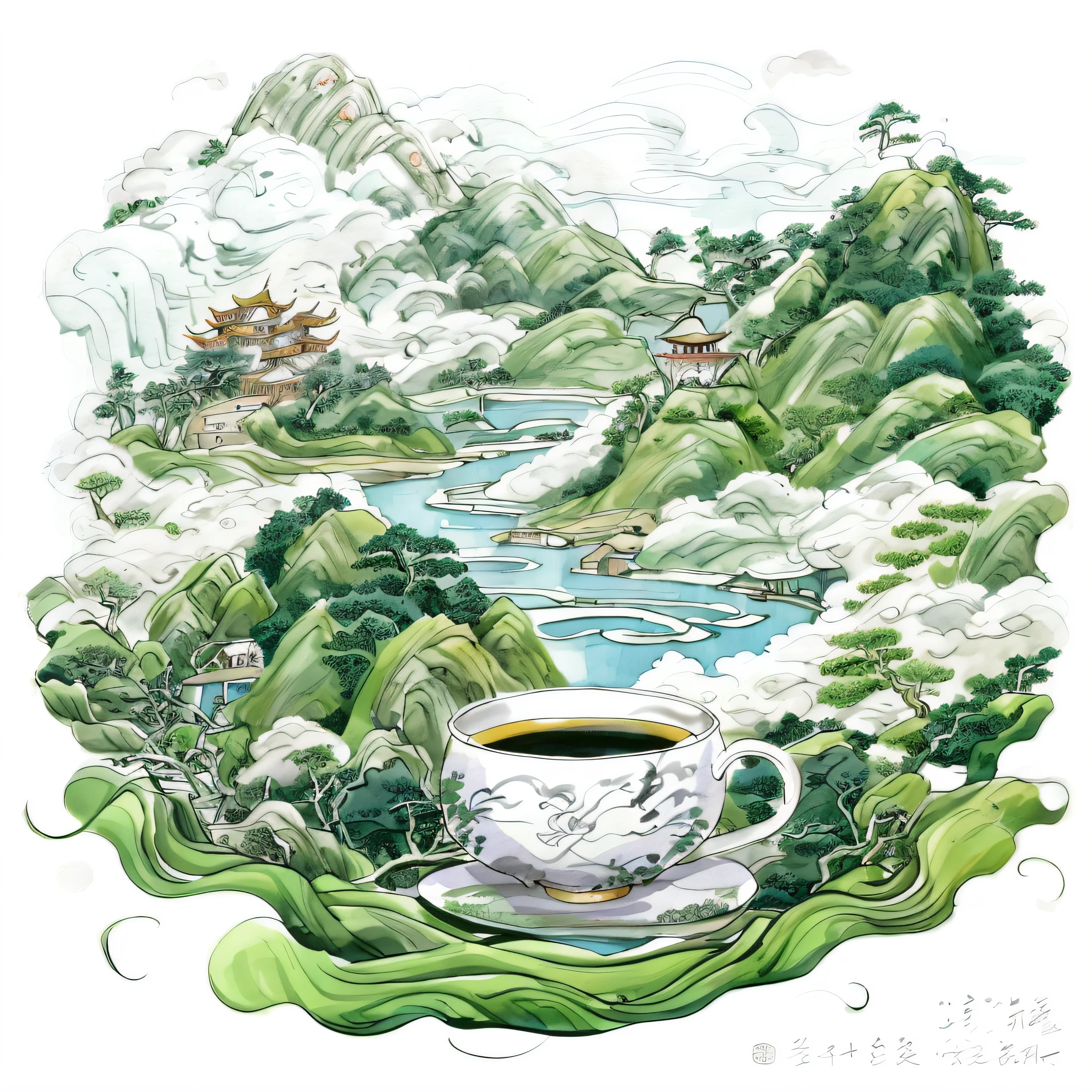 A tea painting with a landscape as a background, Chinese painting style, Chinese style painting, Chinese watercolor style, Highly detailed illustration, dreamland of chinese, chinese brush pen illustration, inspired by Huang Tingjian, author：Qiu Ying, A beautiful artwork illustration, full-colour illustration, Inspired by Xiao Yuncong, inspired by Yuan Jiang
