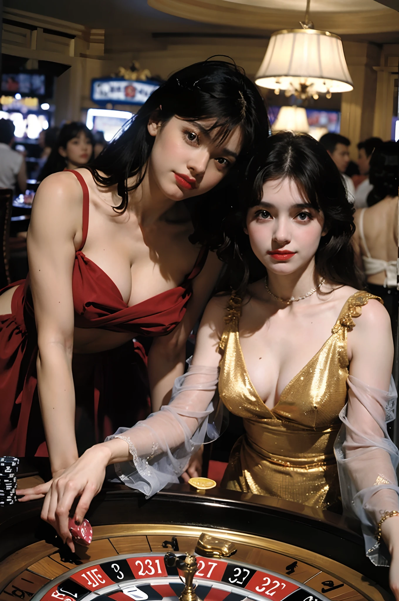 (Two girls:1.3,),Gambling girl anime talk ,19th century retro gambling casino,