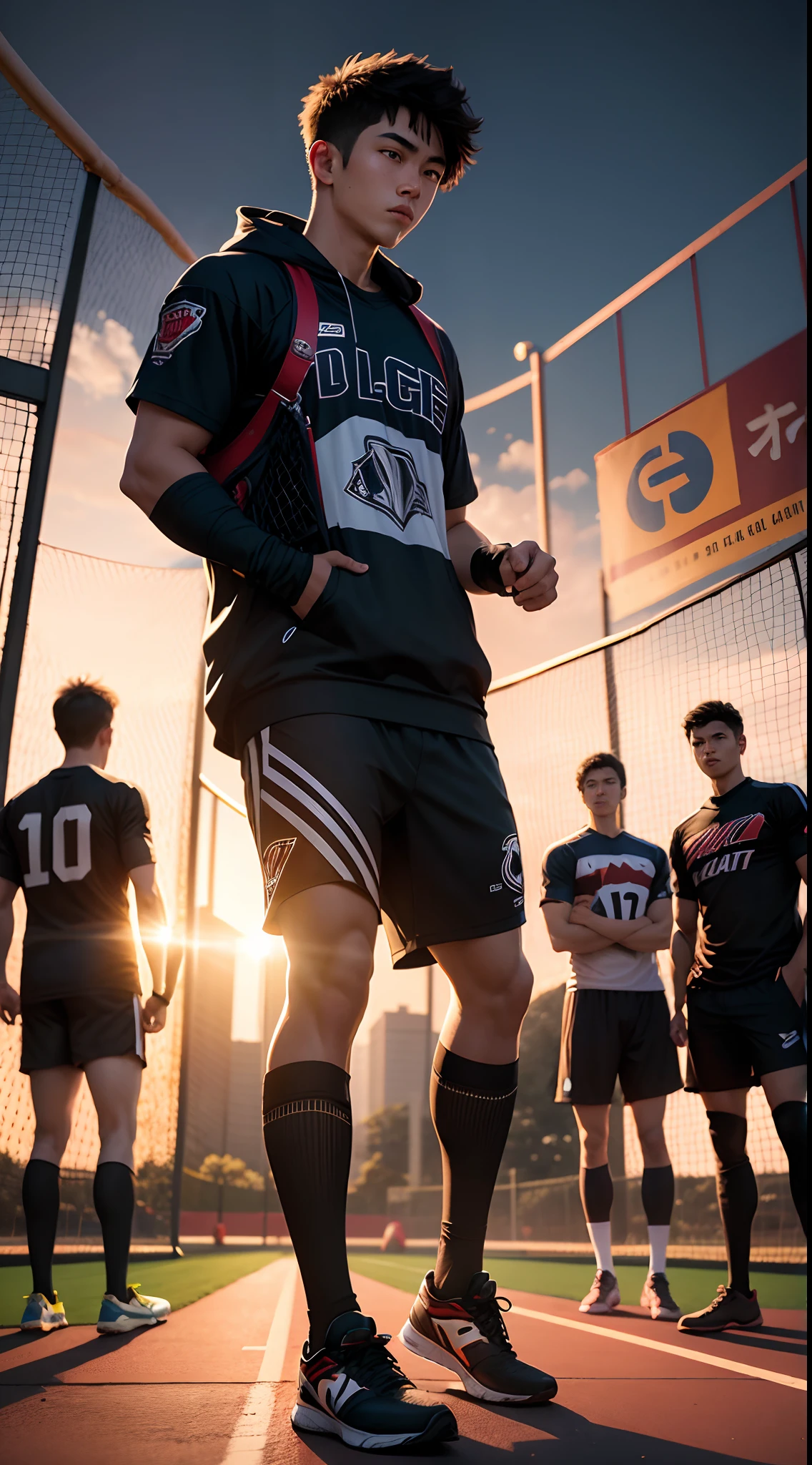 the night,Five youths in super sports gear,Get ready to enter the iron cage sports field