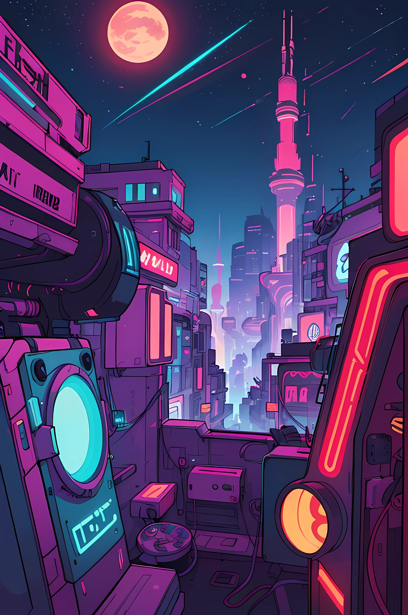 "Cyberpunk-inspired immersion, A world of neon lights, Let yourself be mesmerized by the surreal spectacle of the planets that dominate the skies, Lleno de cautivador arte digital."