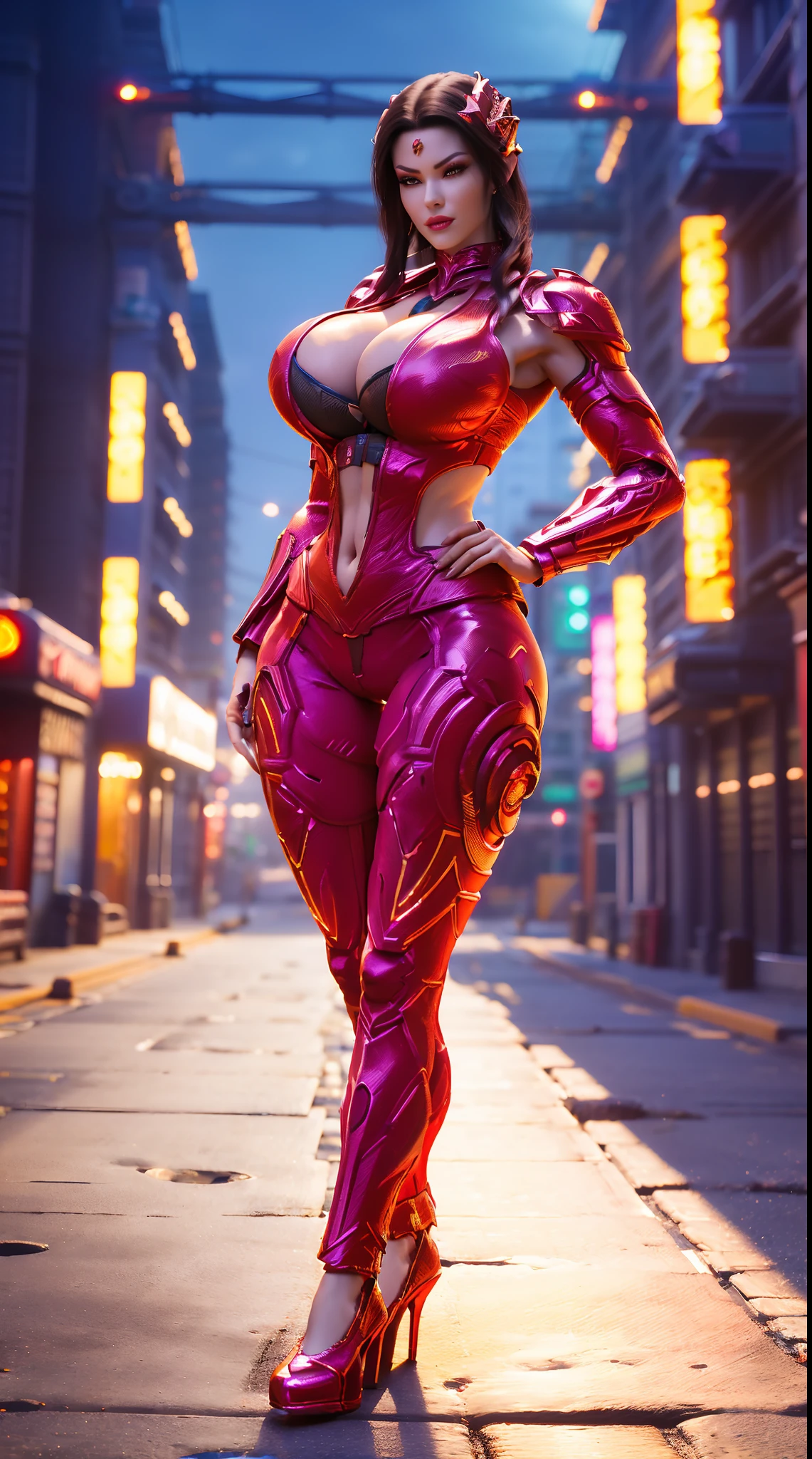 (DRAGON QUEEN), (HUGE FAKE BOOBS:1.3), (BEAUTIFUL FACE), (CYBERPUNK STREET CITY BACKGROUND), (RED CYBER MECHA BRA), (CLEAVAGE), (SKINTIGHT YOGA PANTS), (HIGH HEELS), (PERFECT BODY:1.2), (FULL BODY VIEW), (LOOKING AT VIEWER), (STANDING:1.3), MUSCULAR BODY, MUSCLE ABS, UHD, 8K, 1080P.
