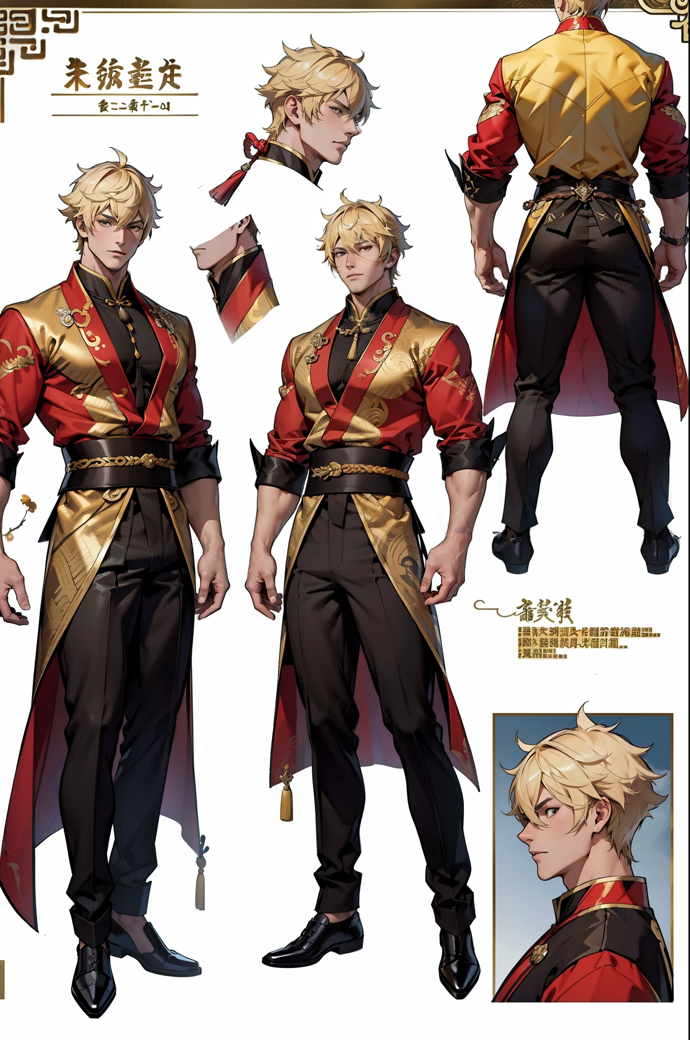 ((Masterpiece, Highest quality)), Detailed face, character design sheet,full body esbian, Full of details, frontal body view, back body view, Highly detailed, Depth, Many parts, Muscle boy with blonde hair,handsome man, Traditional chinese clothes, Genshin Impact, man tall, pectoral muscles, abs