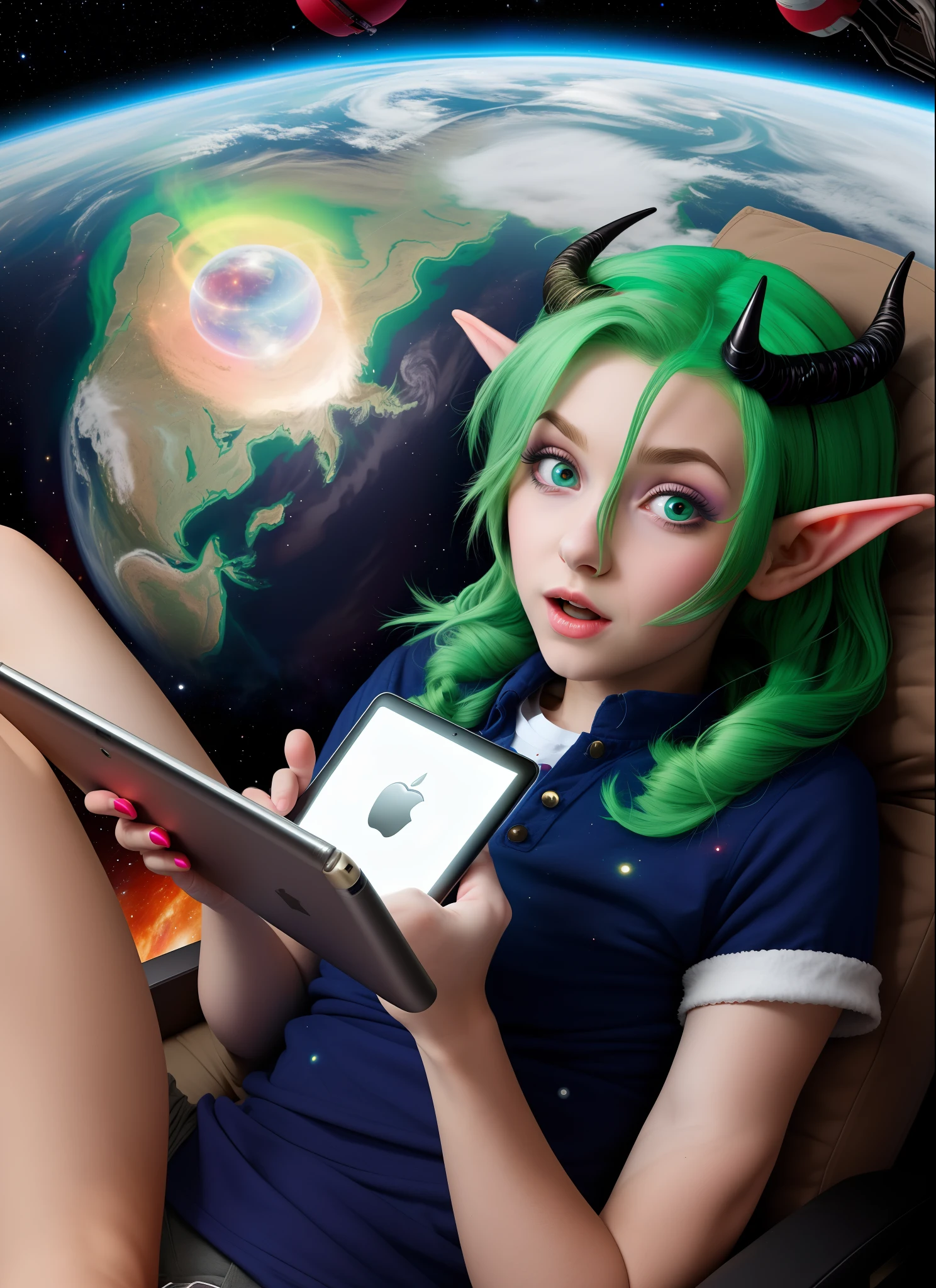 Girl with green hair twin tail , with tomboy clothes  levitating in outer space (close to earth) with elf ears and horns , holding an ipad