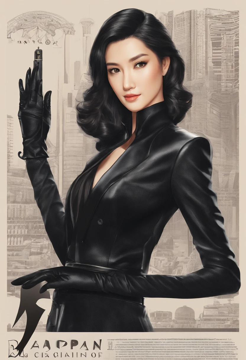Wearing black leather gloves on both hands, Upper body, Black business suit, Facing a desk in a modern study in the dark, Looking at viewer, Smiling, Use a fountain pen to write a letter, long, Straight black hair, Japan female new employee with young and cute face (Black leather gloves cover both hands)